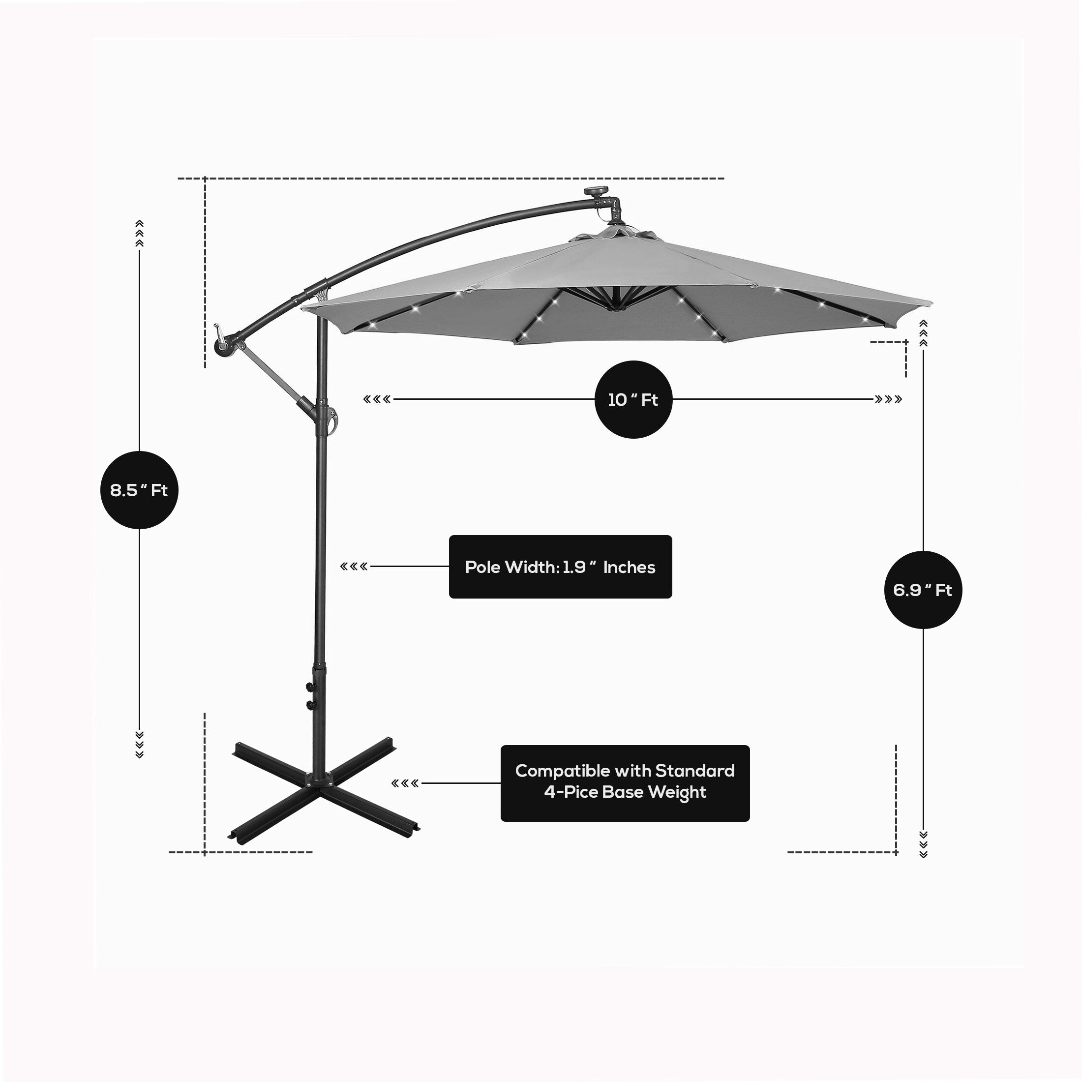 Parasol de terrasse lumineux à énergie solaire de 3 m avec pied