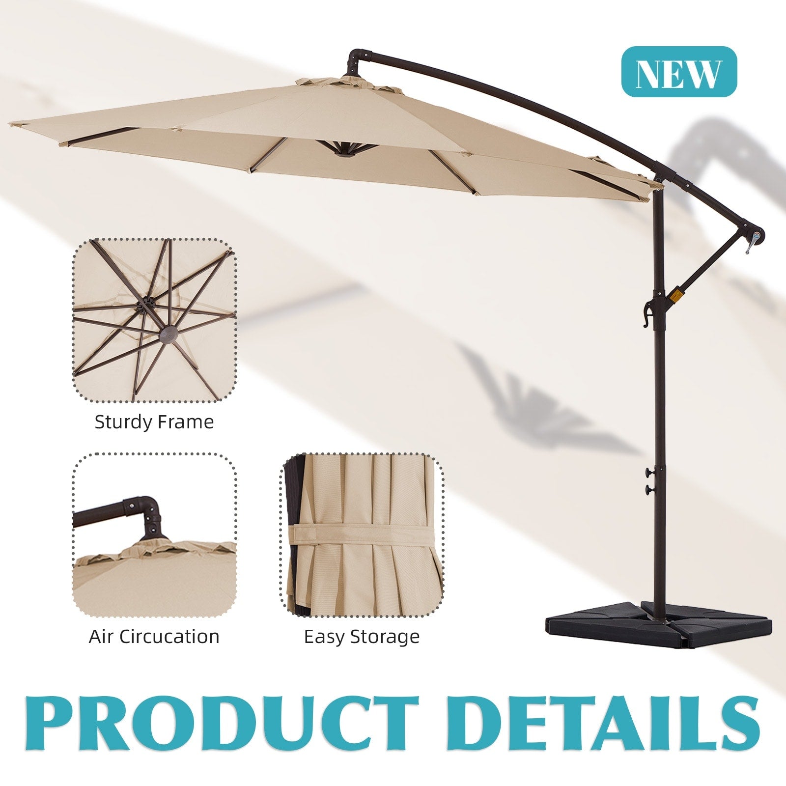 Parasol déporté à manivelle en acier de 3 m avec base lestée