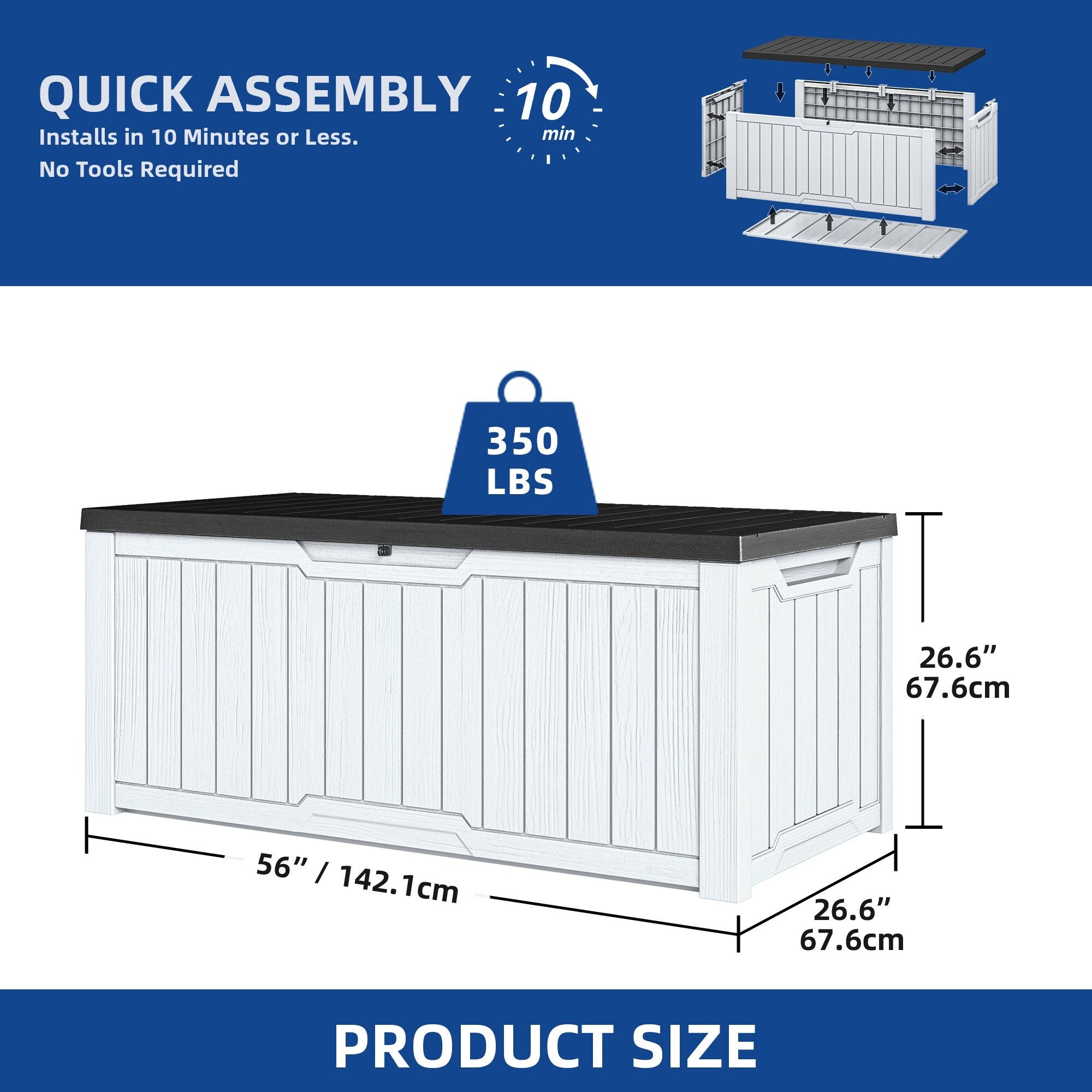 Coffre de terrasse verrouillable en résine résistante à l'eau, grande capacité (120-260 gallons).