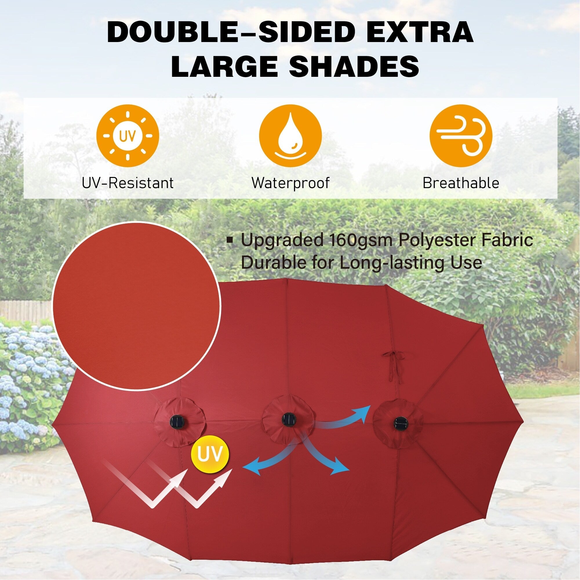 Parasol de marché d'extérieur rectangulaire de 4,57 m (15 pieds) à manivelle, double face, avec éclairage solaire LED et base incluse.