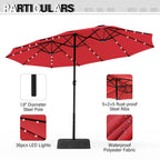 Parasol de marché d'extérieur rectangulaire de 4,57 m (15 pieds) à manivelle, double face, avec éclairage solaire LED et base incluse.