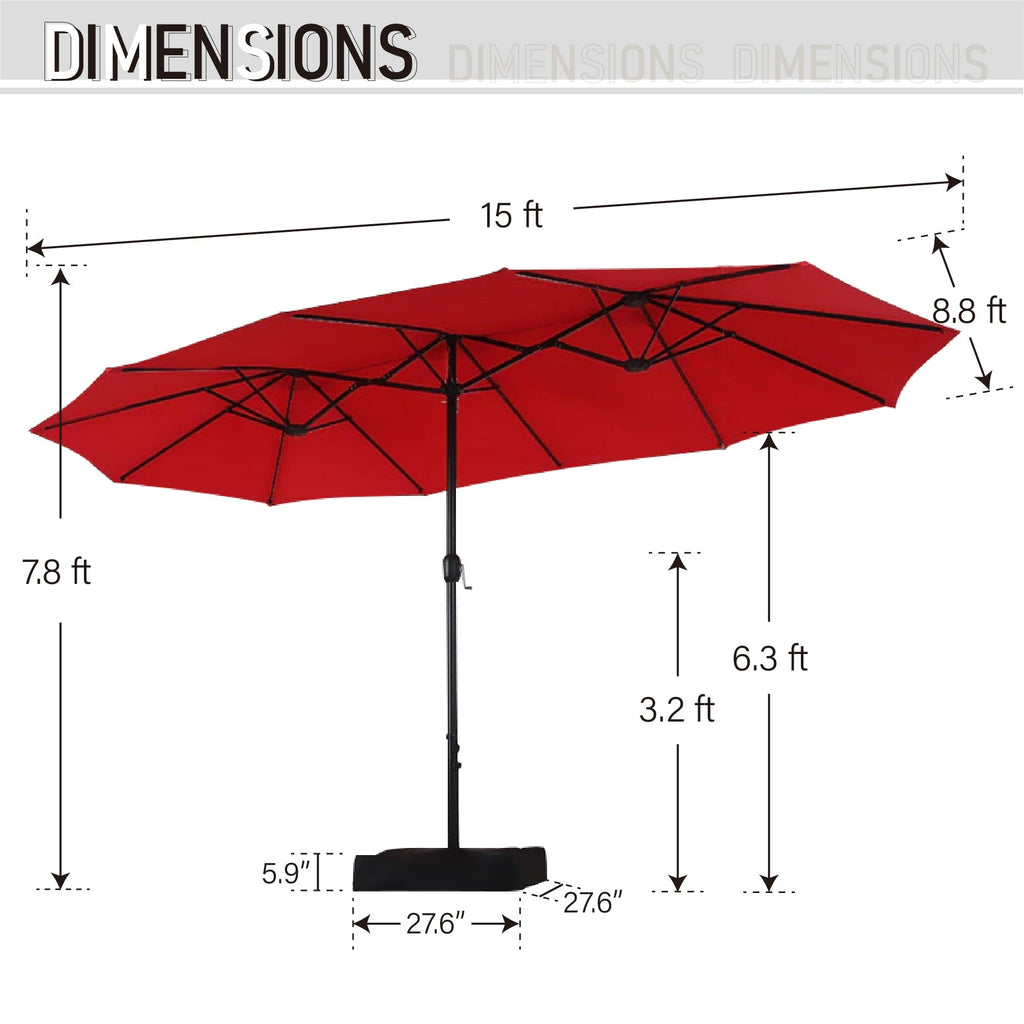 Parasol de marché d'extérieur rectangulaire de 4,57 m (15 pieds) à manivelle, double face, avec éclairage solaire LED et base incluse.