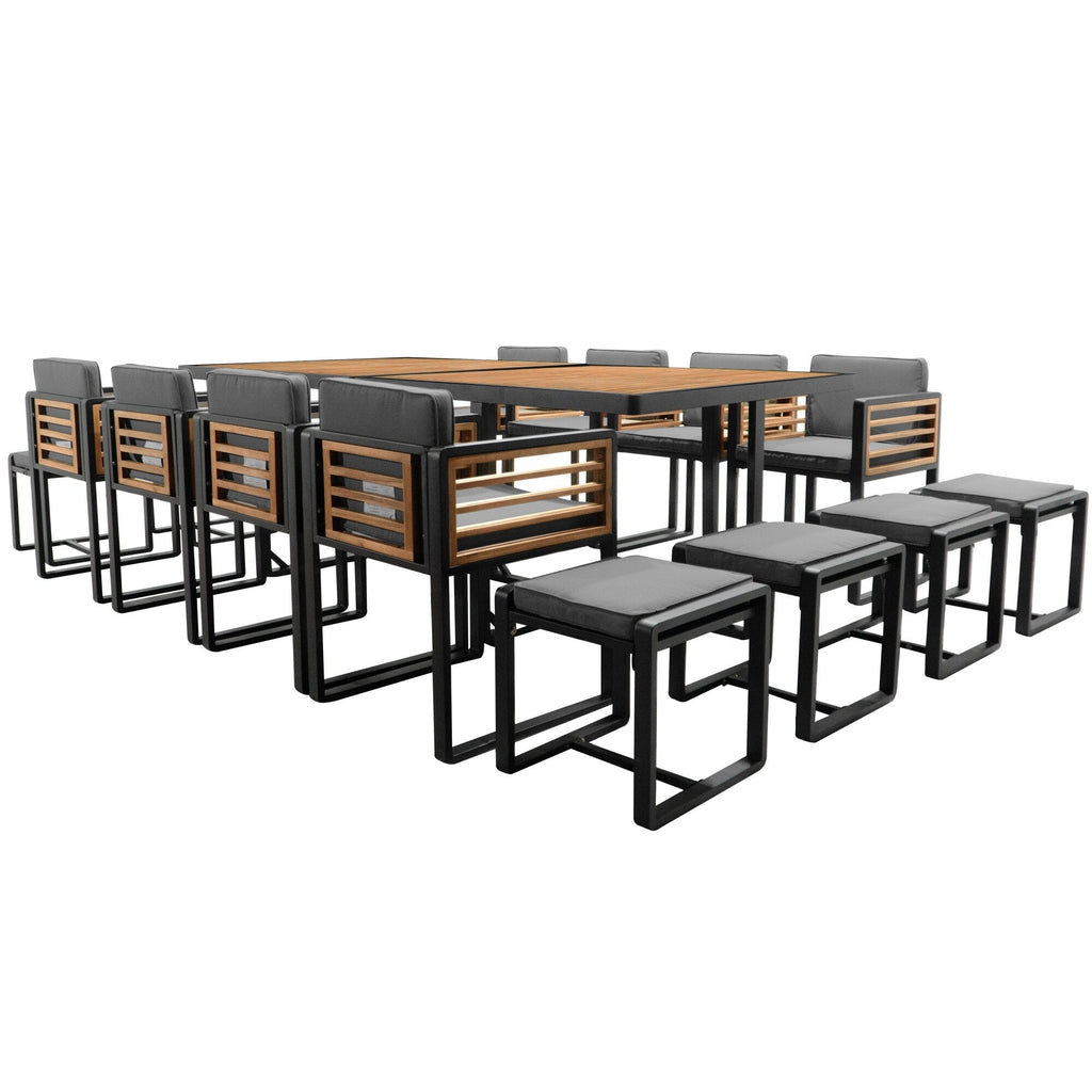 Ensemble de salle à manger de patio en bois d'acacia 18 pièces, comprenant 8 chaises rembourrées, 8 poufs et 2 tables carrées