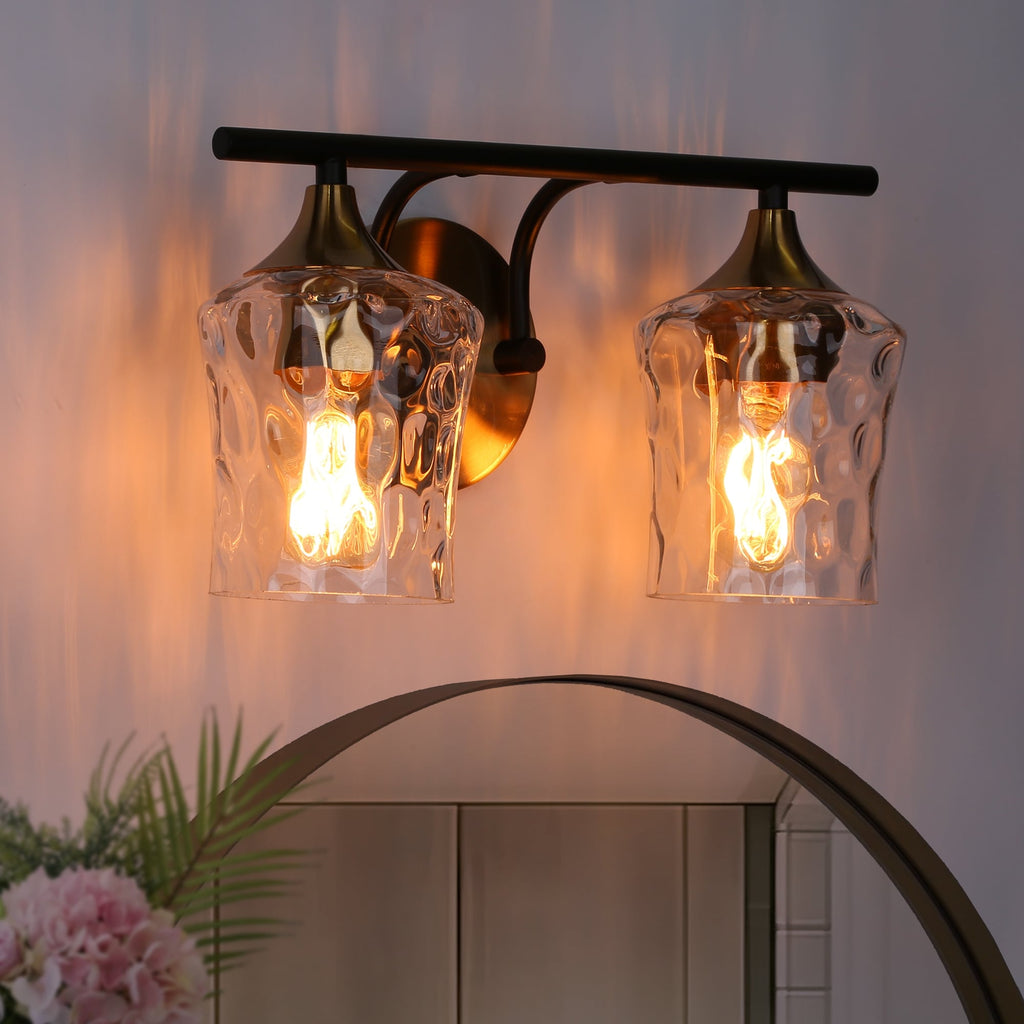 Applique murale moderne à 2/3/4 lumières, finition or et noir, avec verre martelé.