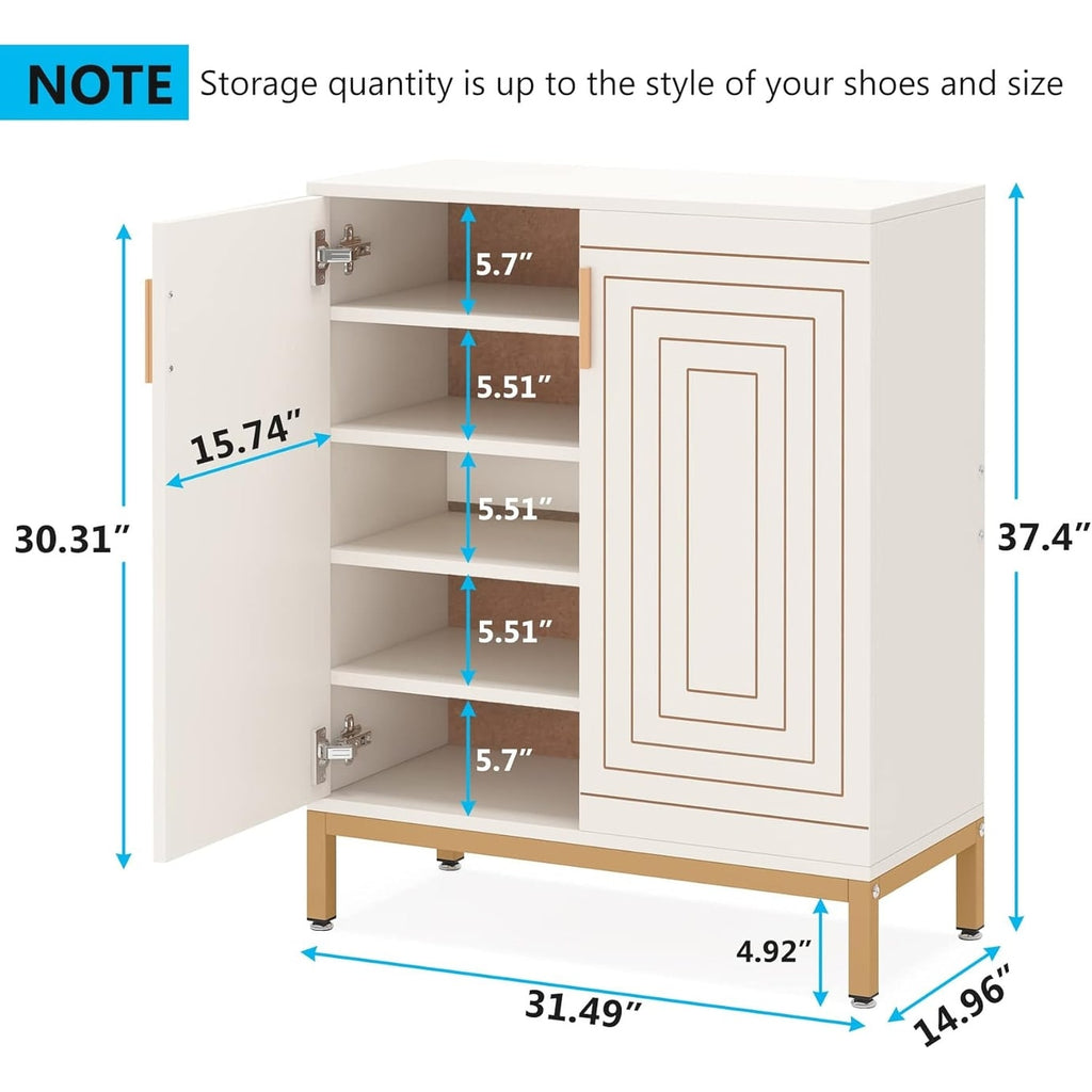 Meuble à chaussures pour 20 paires, 95 cm (37,4 pouces), meuble de rangement moderne avec portes, blanc et or