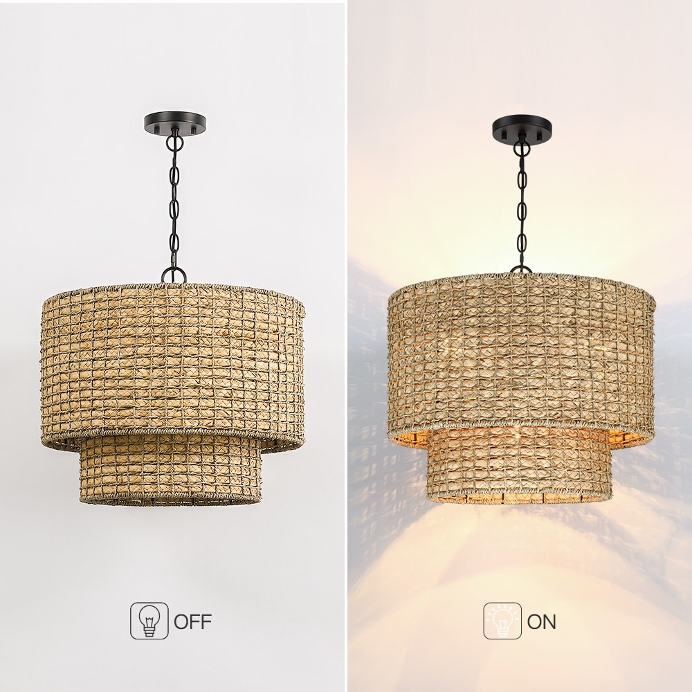 Suspension traditionnelle en rotin naturel à 4 lumières, abat-jour tambour noir, coloris noir/terre, 51 cm (20 po) de largeur