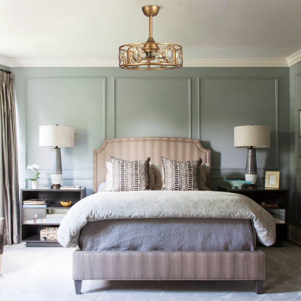 Lustre ventilateur de plafond moderne à cage en cristal de 22 pouces avec télécommande