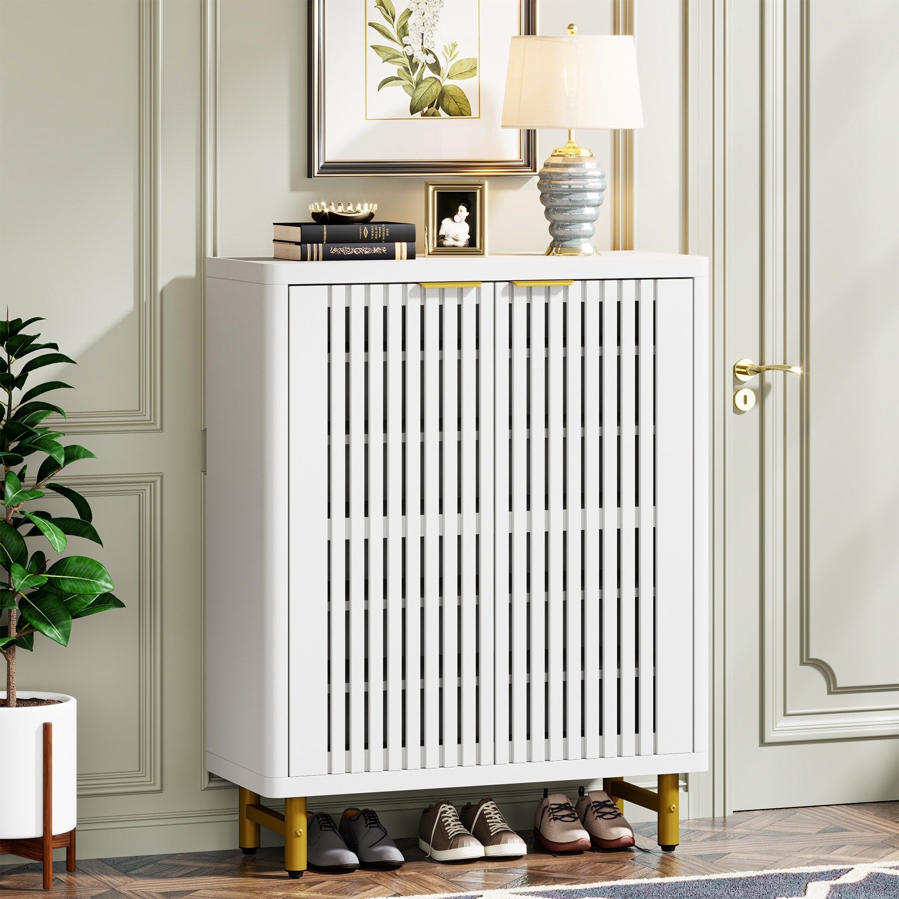 Meuble à chaussures avec porte pour 24 paires, idéal pour l'entrée ou le salon.