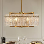 Lustre tambour moderne doré de 66 cm (26 po) en cristal, suspension à 6 lumières avec variateur, verre dépoli, idéal pour îlot de cuisine ou salle à manger.