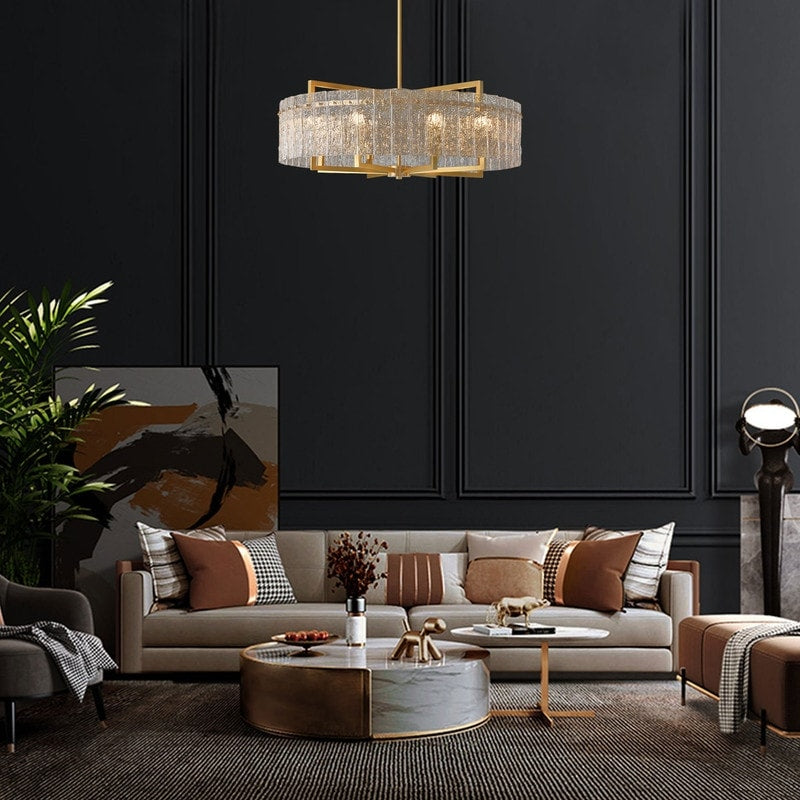 Lustre tambour moderne doré de 66 cm (26 po) en cristal, suspension à 6 lumières avec variateur, verre dépoli, idéal pour îlot de cuisine ou salle à manger.