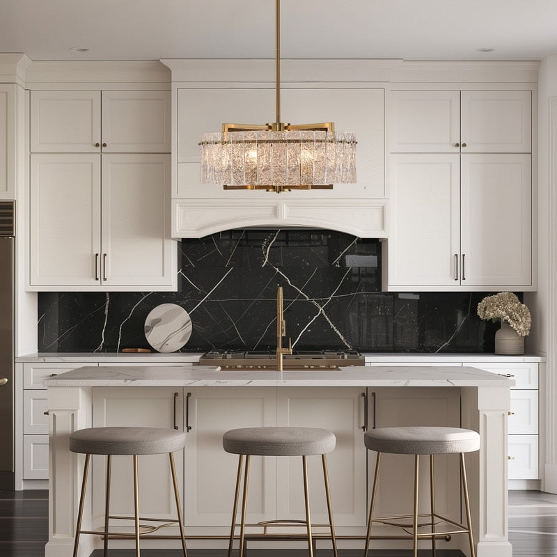 Lustre tambour moderne doré de 66 cm (26 po) en cristal, suspension à 6 lumières avec variateur, verre dépoli, idéal pour îlot de cuisine ou salle à manger.