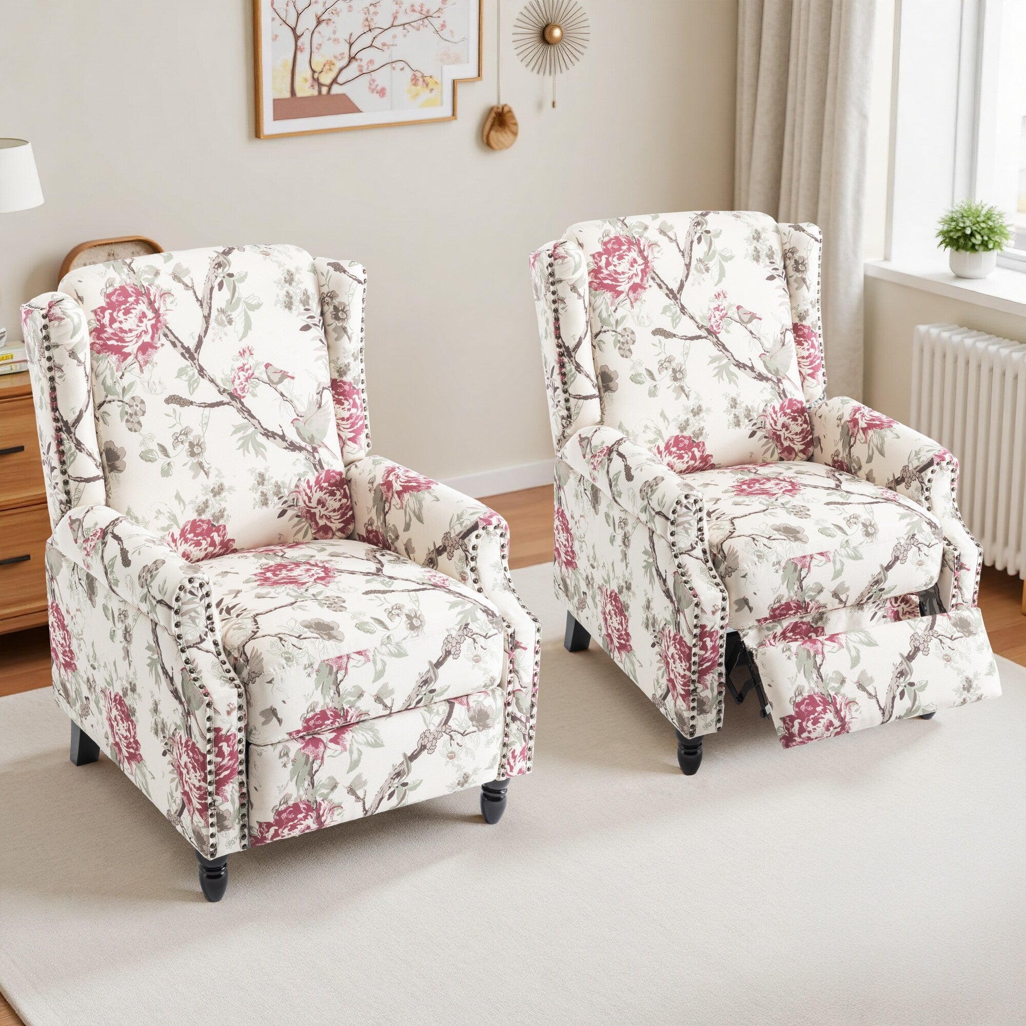 Ensemble de 2 fauteuils inclinables manuels à motif floral vintage de 74 cm de large