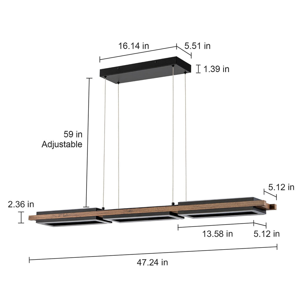 Lustre linéaire en bois à 3 ou 5 lumières LED intégrées, suspension pour îlot de cuisine