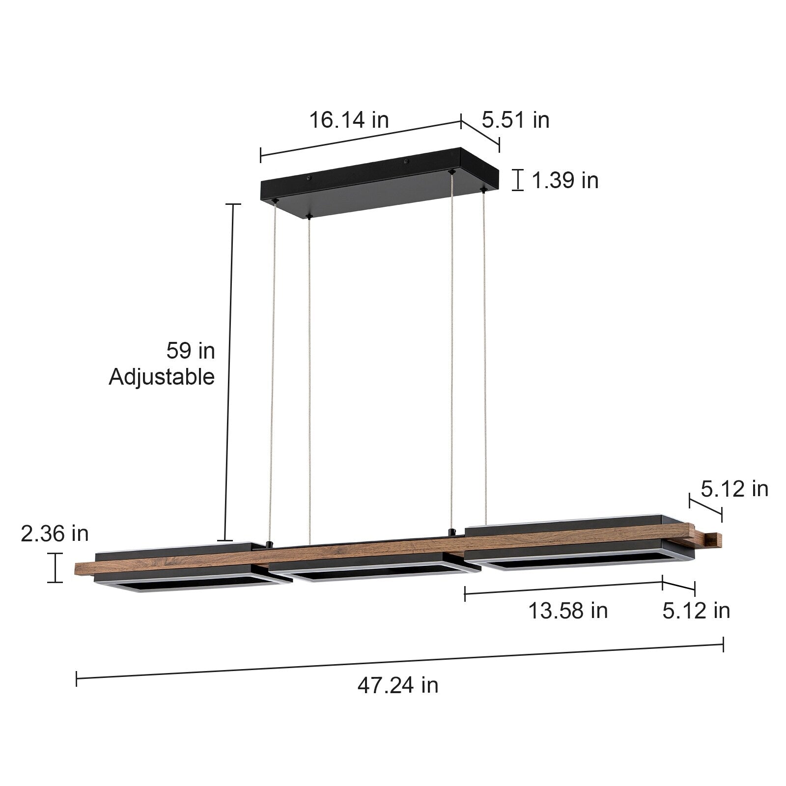 Lustre linéaire en bois à 3 ou 5 lumières LED intégrées, suspension pour îlot de cuisine