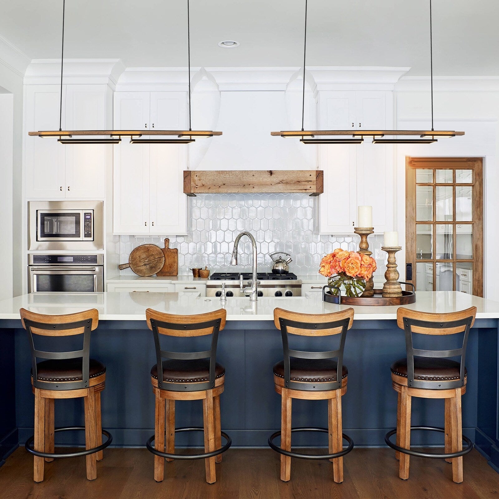 Lustre linéaire en bois à 3 ou 5 lumières LED intégrées, suspension pour îlot de cuisine