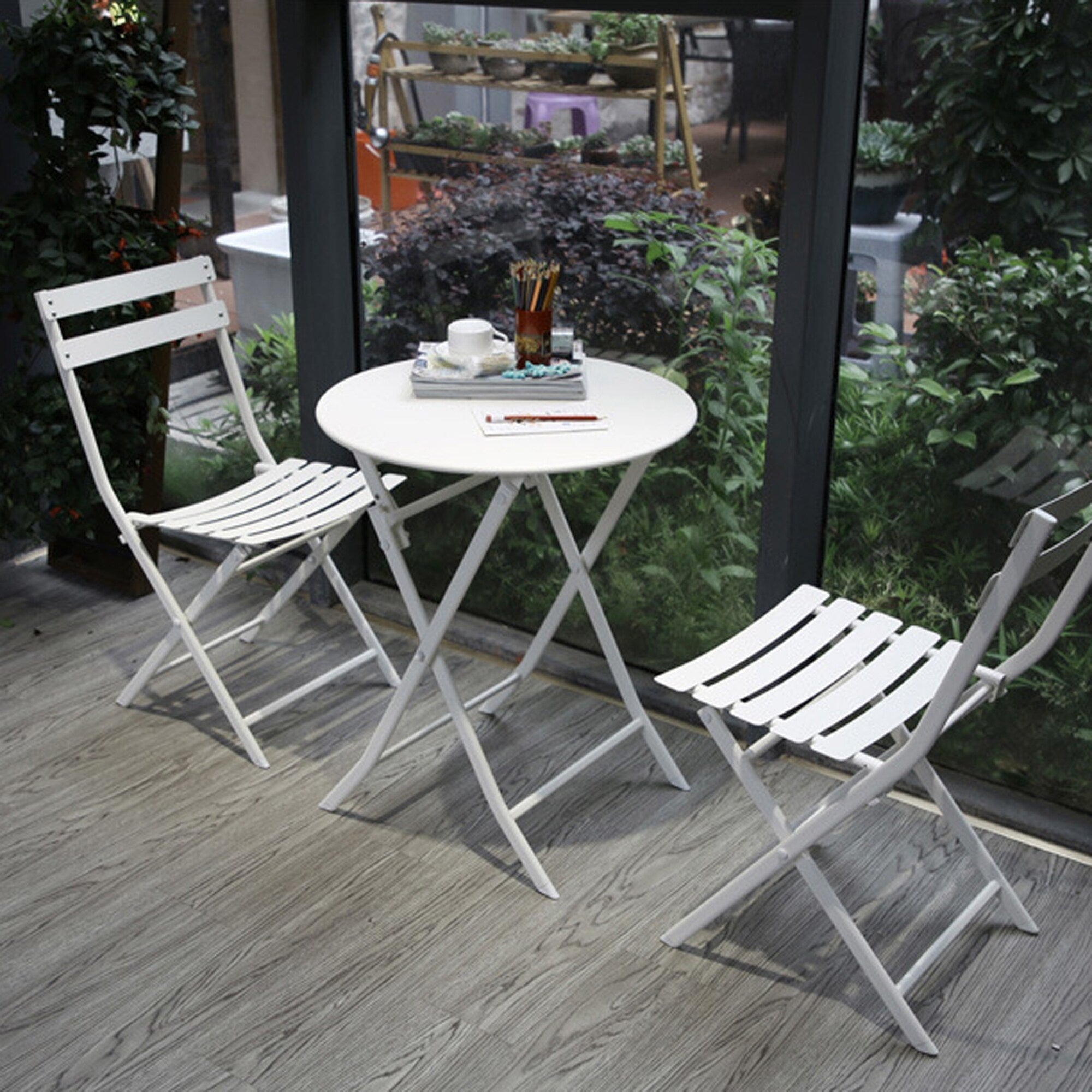 Ensemble bistro minimaliste 3 pièces pour patio : table ronde pliable et chaises