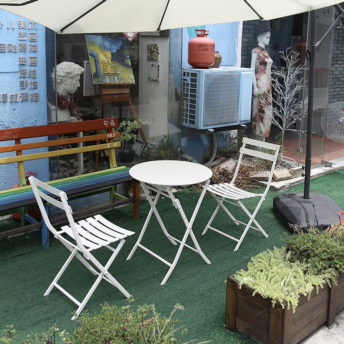 Ensemble bistro de patio 3 pièces comprenant une table ronde pliable et des chaises