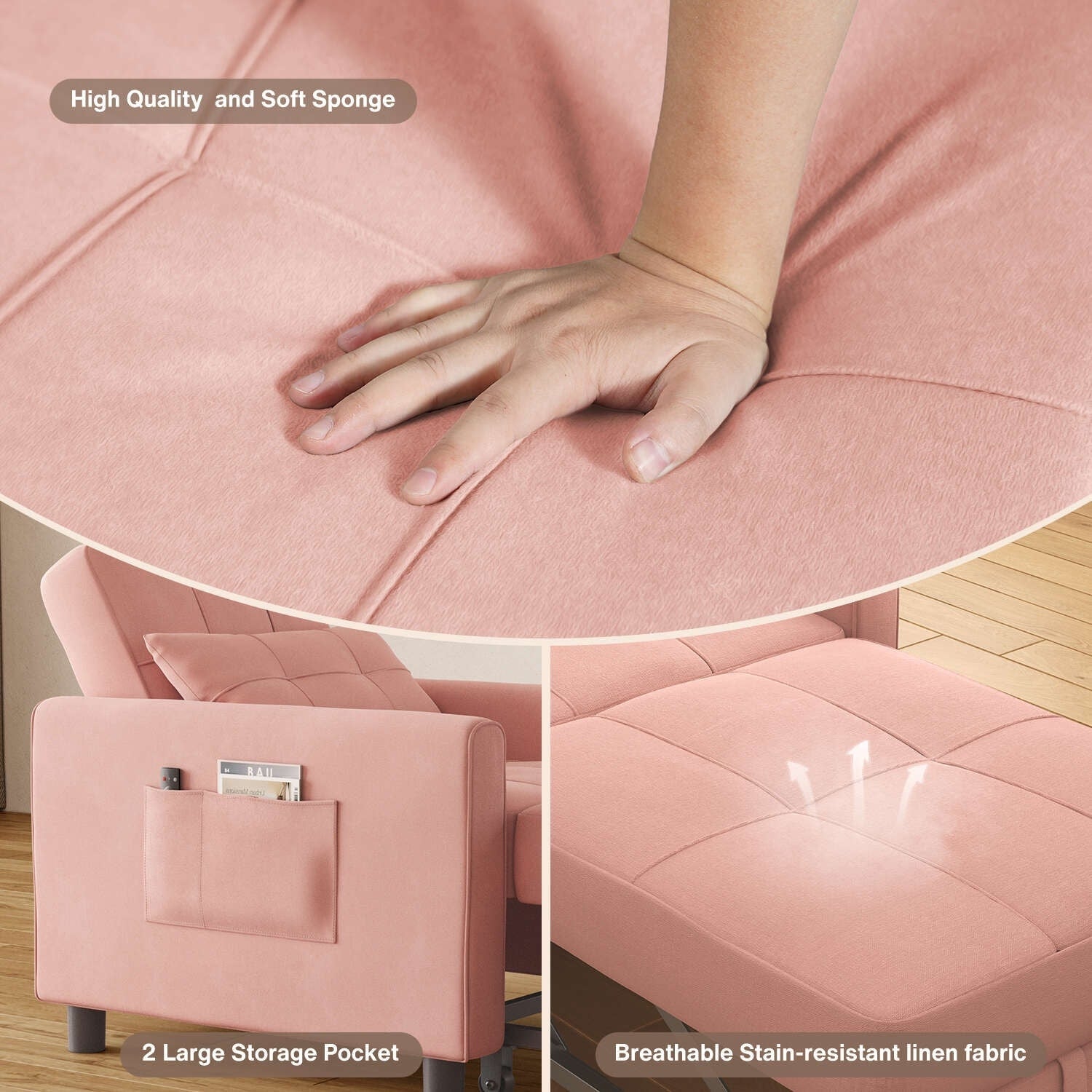 Canapé-lit convertible 3 en 1, avec fauteuil gigogne et lit pliant, idéal pour le salon.