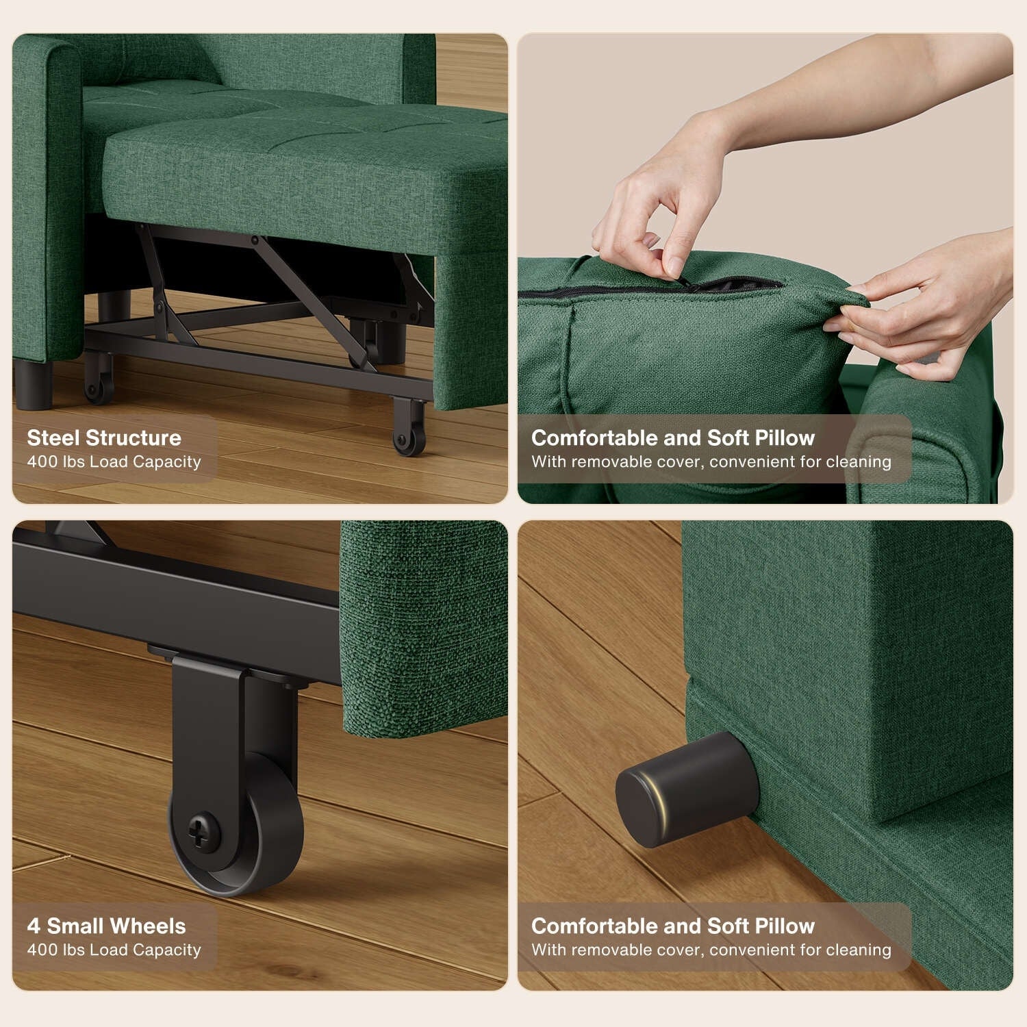 Canapé-lit convertible 3 en 1, avec fauteuil gigogne et lit pliant, idéal pour le salon.