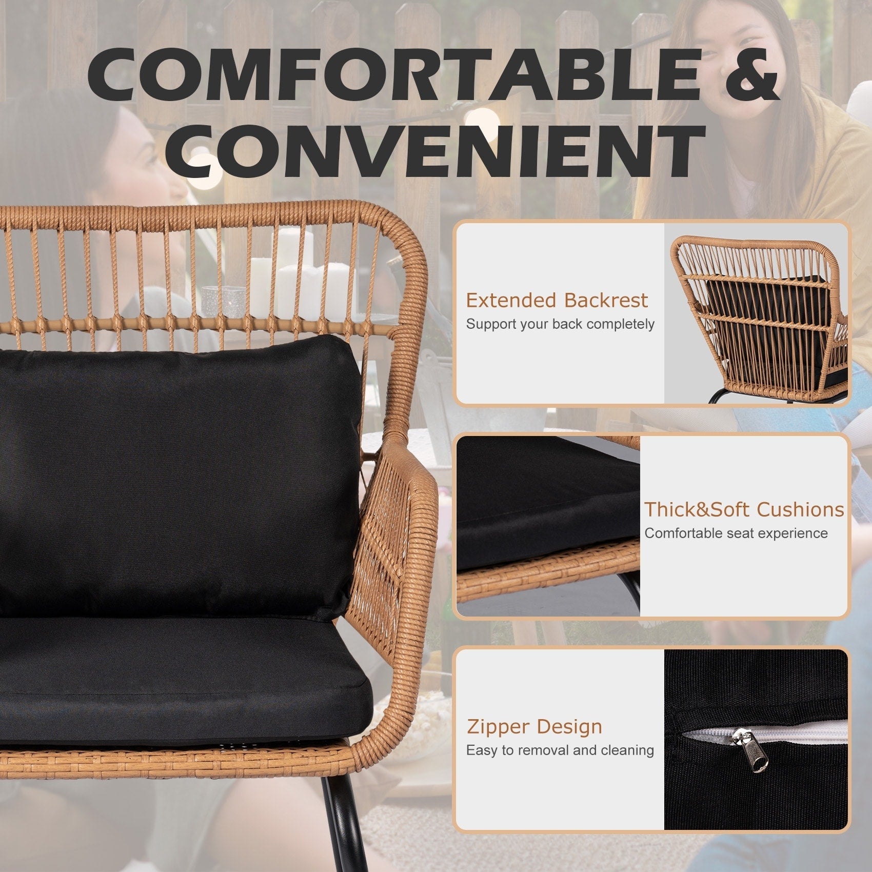 Ensemble bistro de conversation en résine tressée 3 pièces pour extérieur, mobilier de patio en rotin résistant aux intempéries avec coussins