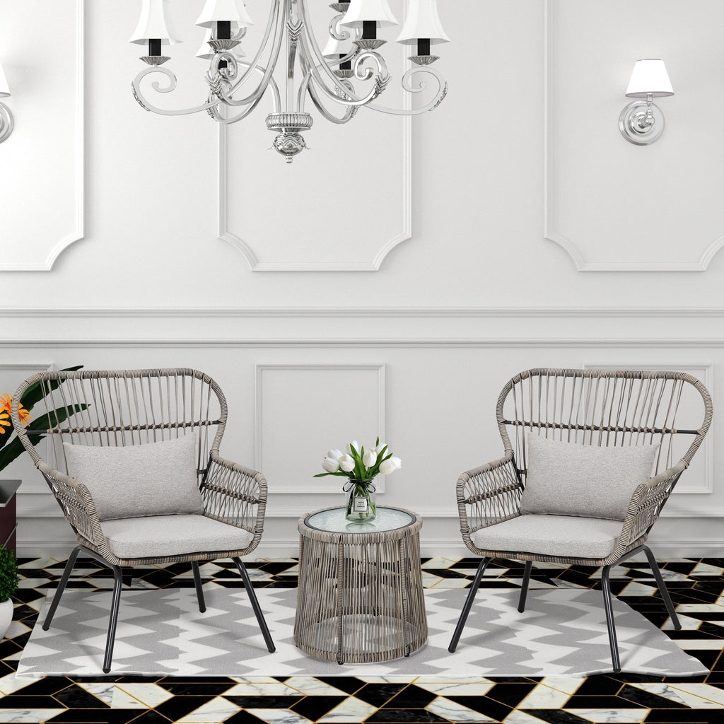 Ensemble bistro de conversation en résine tressée 3 pièces pour extérieur, mobilier de patio en rotin résistant aux intempéries avec coussins