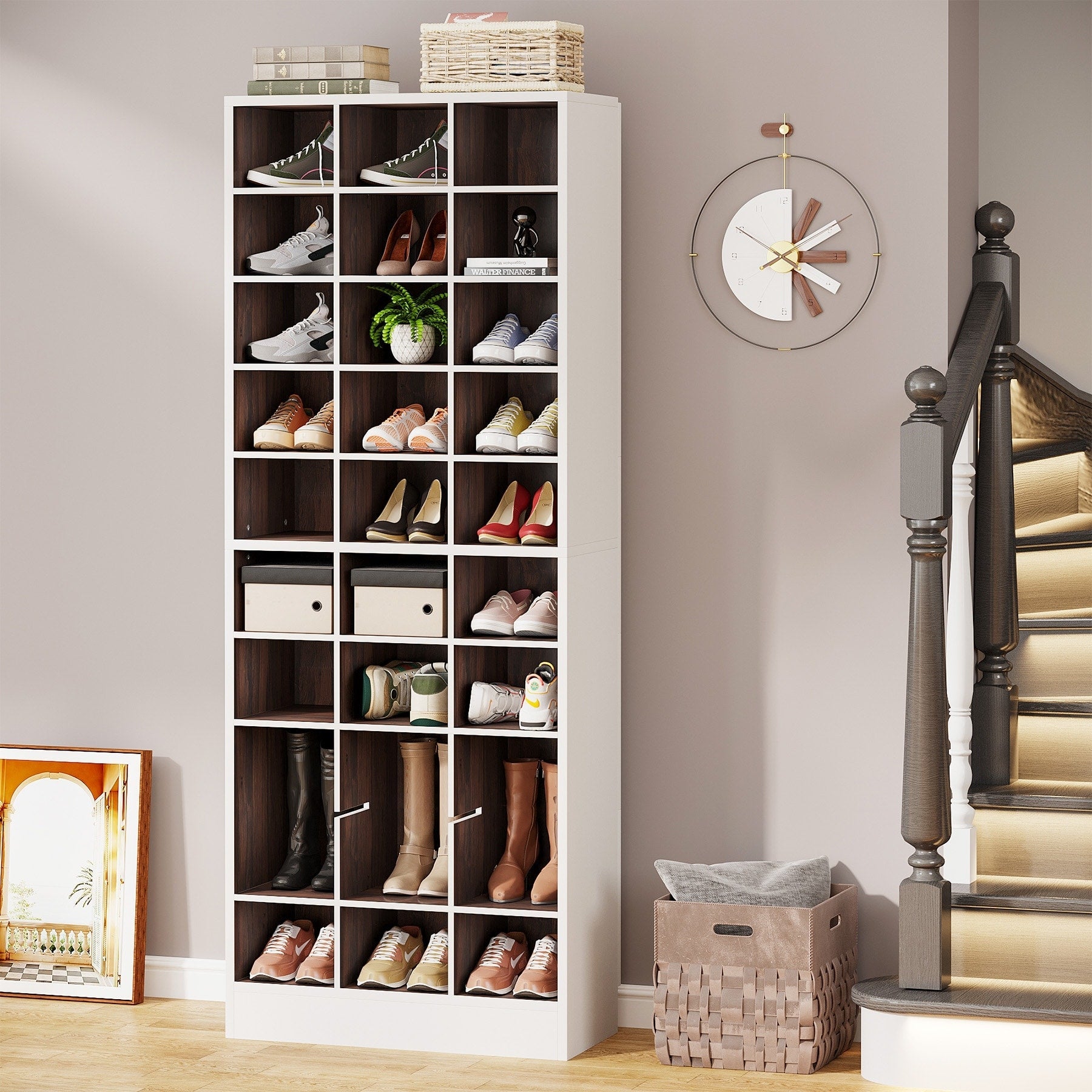 Armoire à chaussures haute pour 30 paires, étagère à chaussures en bois blanc à 10 niveaux pour placard ou entrée - 10 niveaux