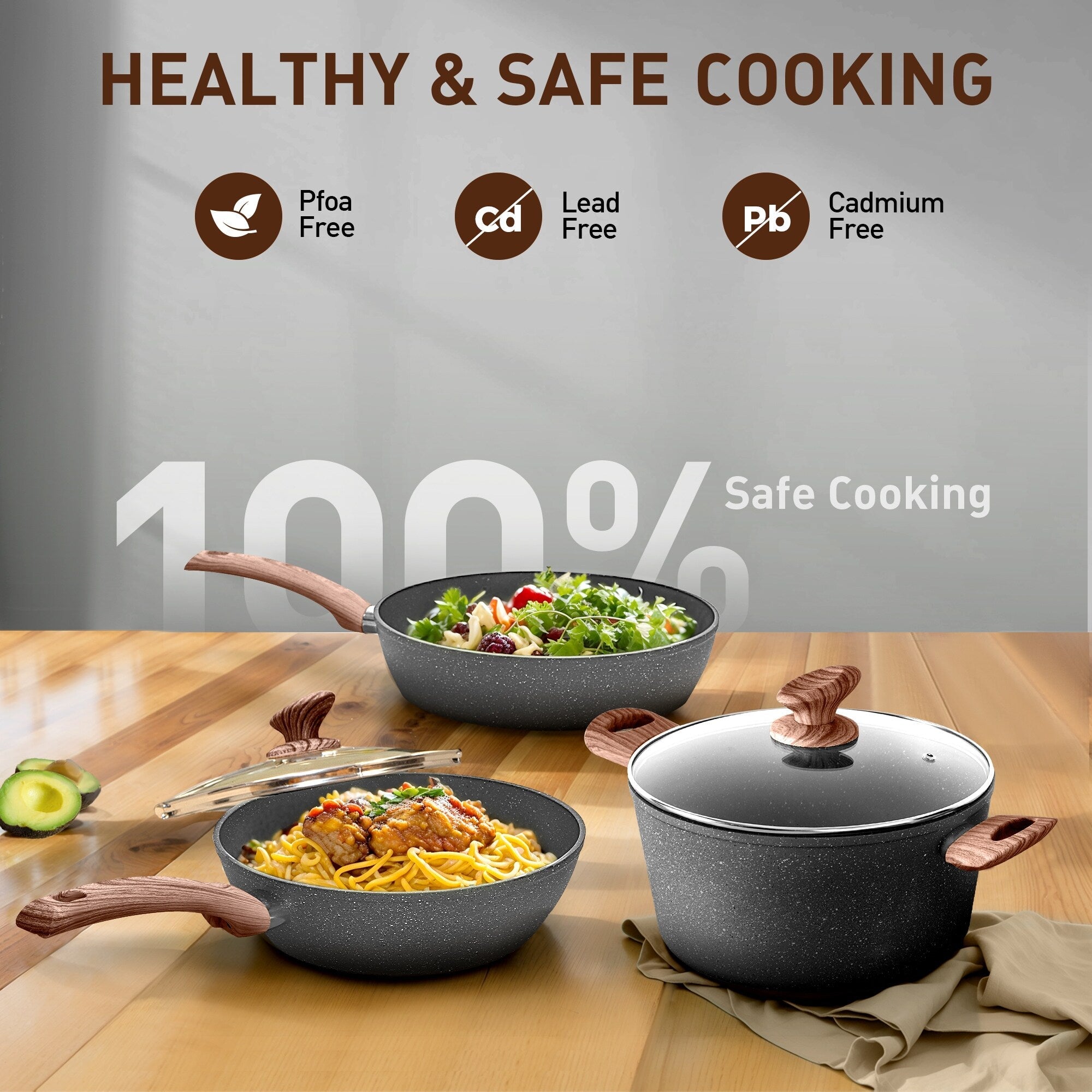 Ensemble de 30 pièces de batterie de cuisine en granit, comprenant casseroles et poêles antiadhésives.