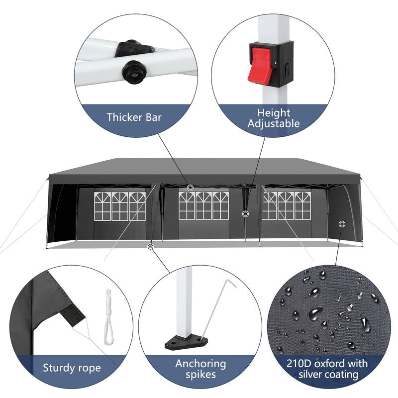 Gazebo pliable en toile Oxford 30x10FT avec 8 sacs de sable et 8 parois latérales avec sac de rangement pour remorqueur - 30x10x8.8FT(LDH)