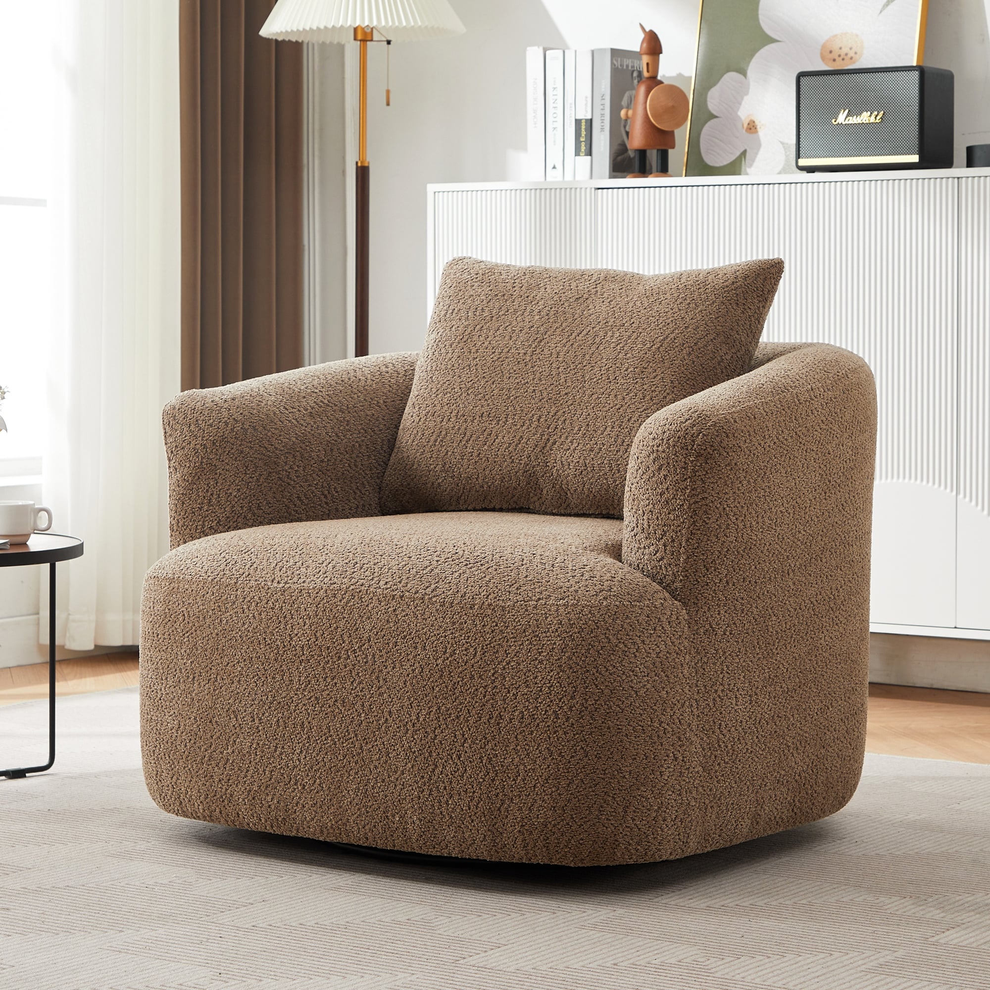 Fauteuil pivotant à 360°, fauteuil d'appoint en bouclette de 38,2 cm avec coussin décoratif, fauteuil-canapé rembourré de forme cylindrique avec accoudoirs incurvés