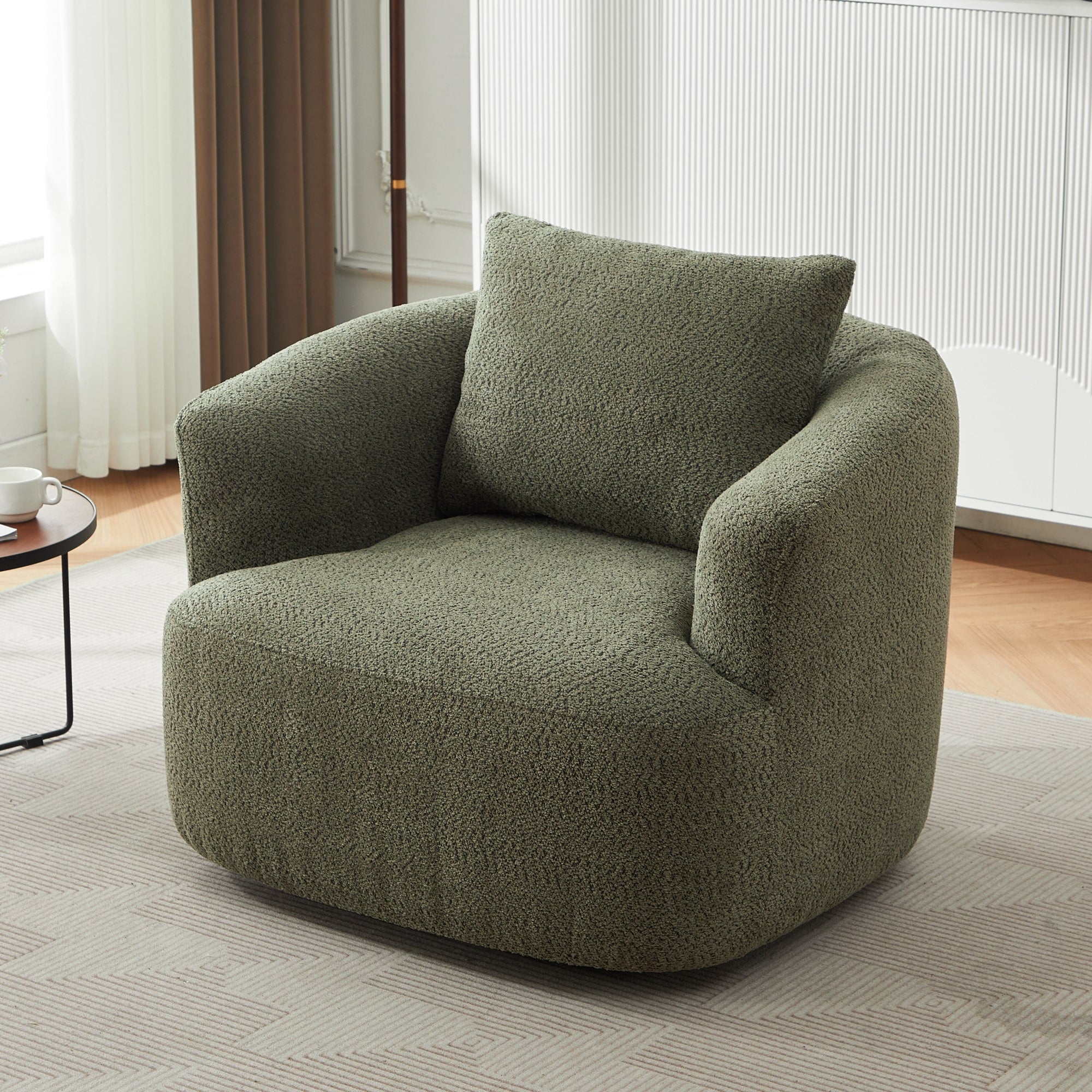 Fauteuil pivotant à 360°, fauteuil d'appoint en bouclette de 38,2 cm avec coussin décoratif, fauteuil-canapé rembourré de forme cylindrique avec accoudoirs incurvés