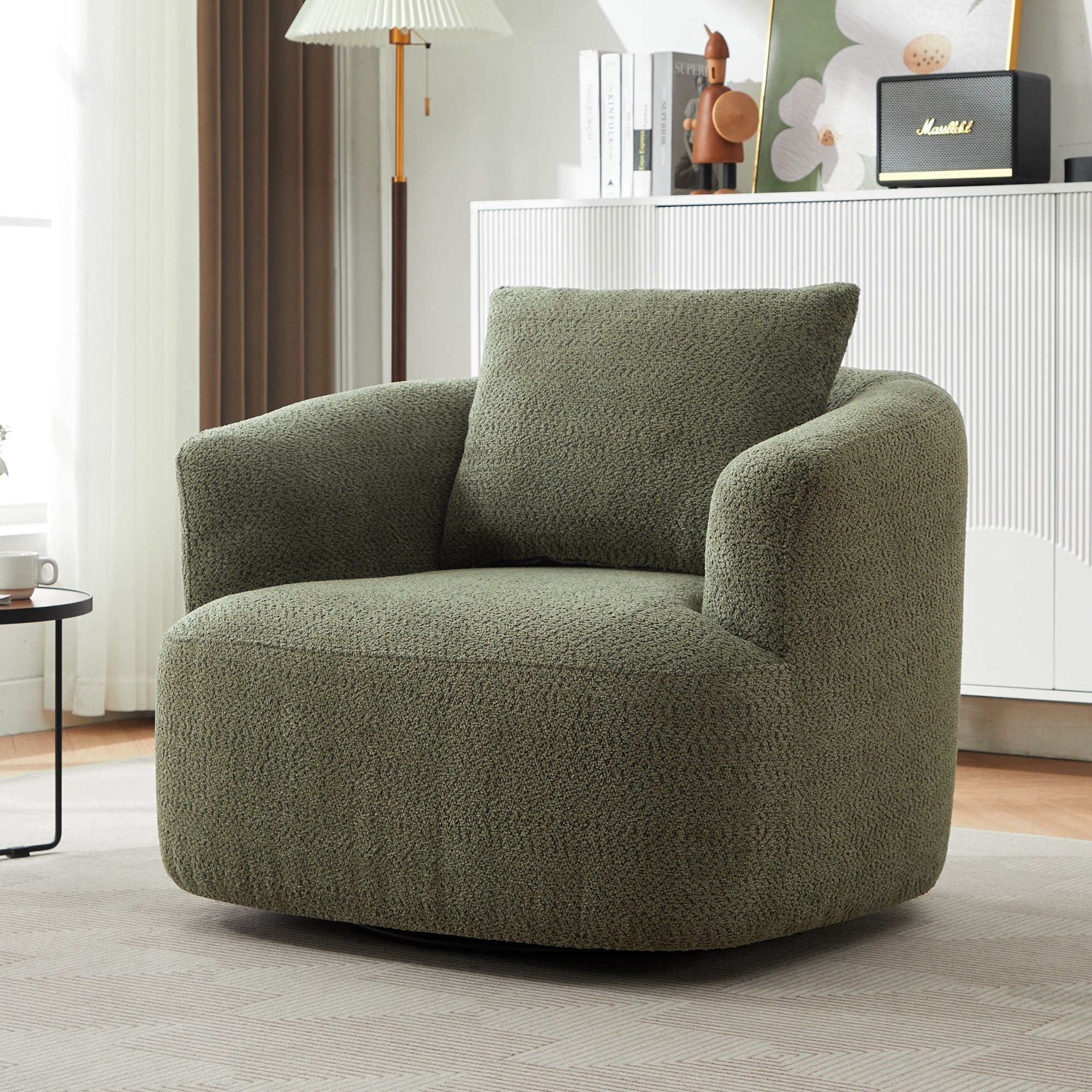 Fauteuil pivotant à 360°, fauteuil d'appoint en bouclette de 38,2 cm avec coussin décoratif, fauteuil-canapé rembourré de forme cylindrique avec accoudoirs incurvés