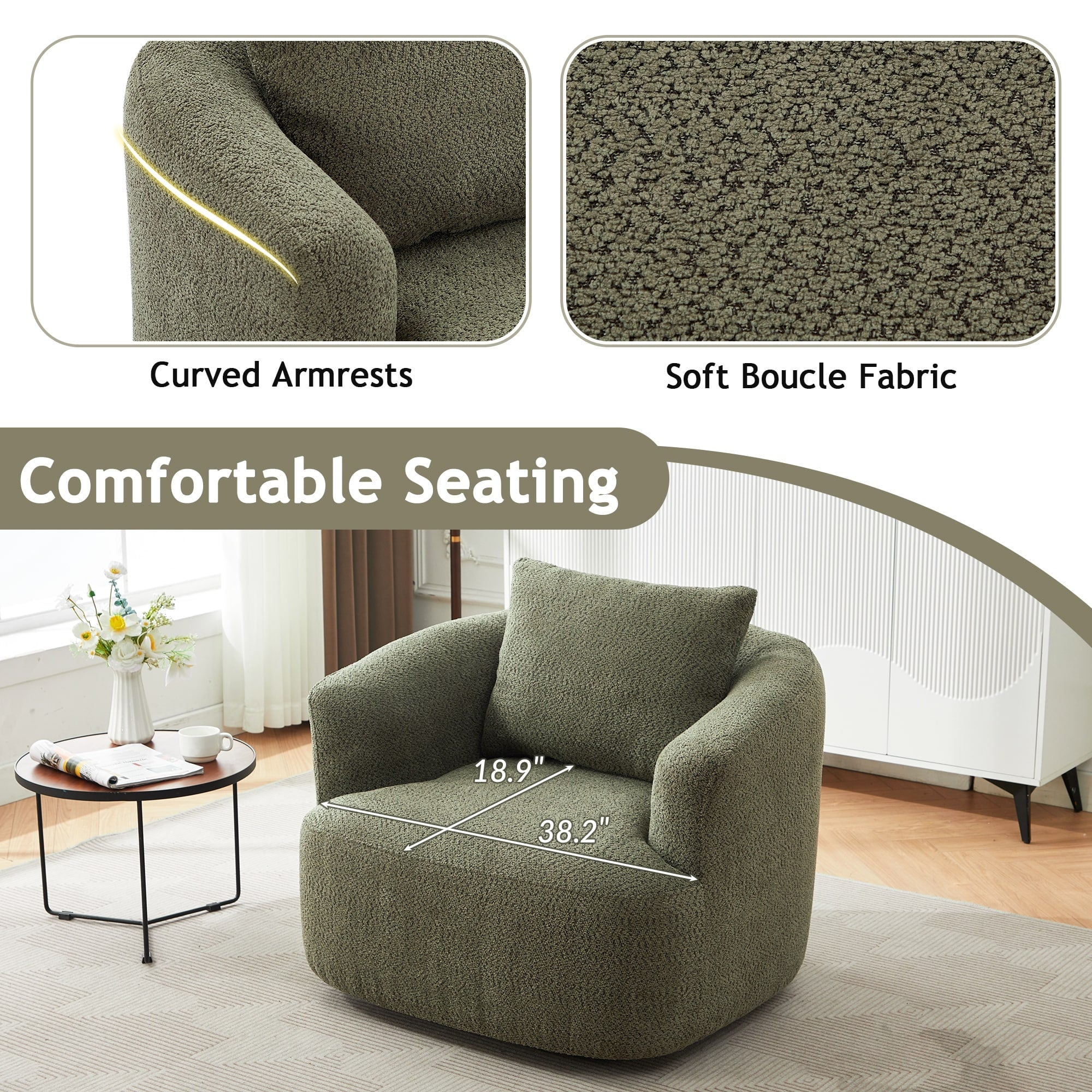 Fauteuil pivotant à 360°, fauteuil d'appoint en bouclette de 38,2 cm avec coussin décoratif, fauteuil-canapé rembourré de forme cylindrique avec accoudoirs incurvés