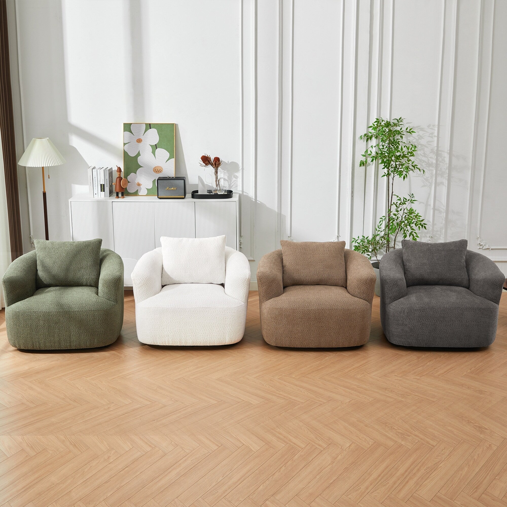 Fauteuil pivotant à 360°, fauteuil d'appoint en bouclette de 38,2 cm avec coussin décoratif, fauteuil-canapé rembourré de forme cylindrique avec accoudoirs incurvés