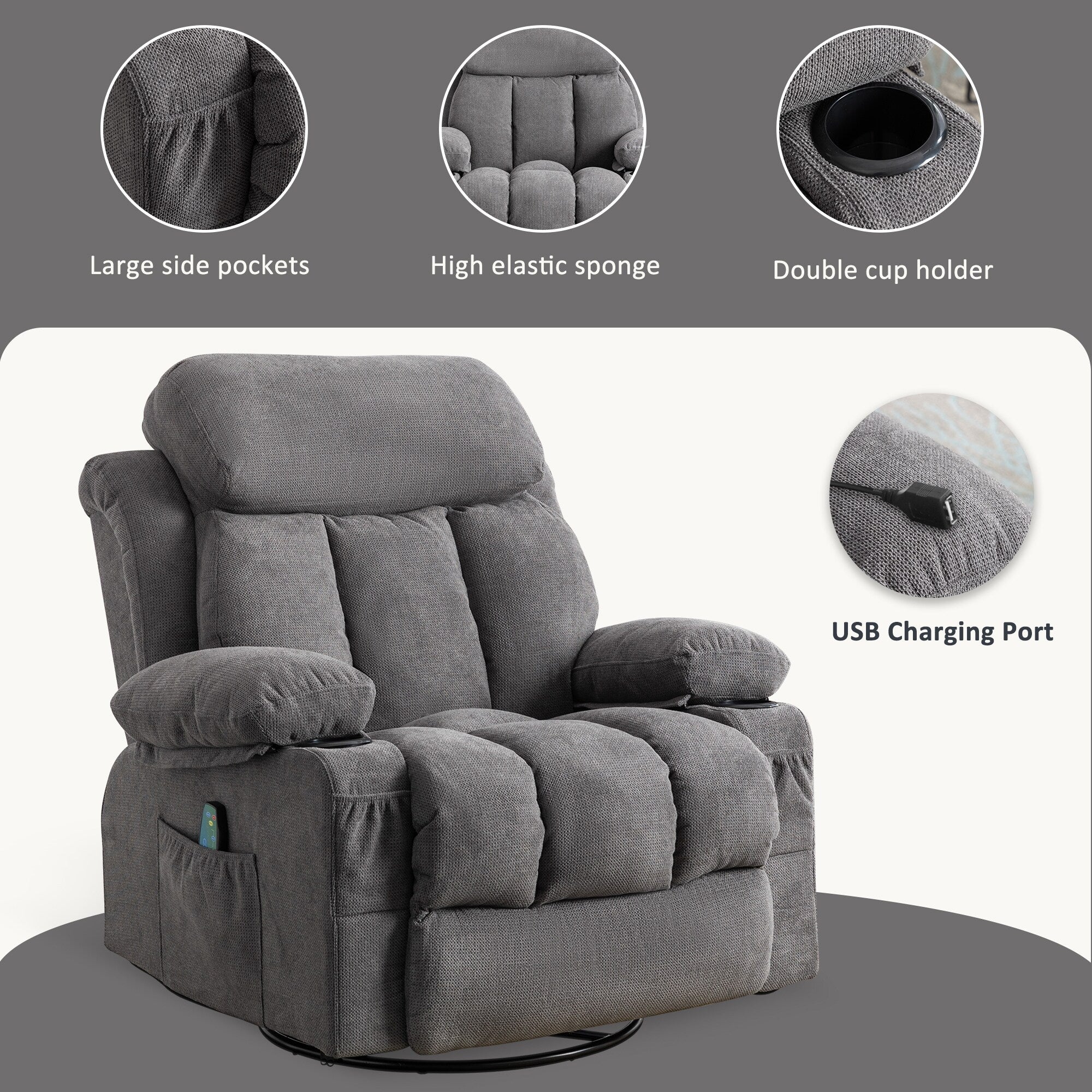 Fauteuil inclinable pivotant à 360° avec massage, chauffage, port USB et porte-gobelets