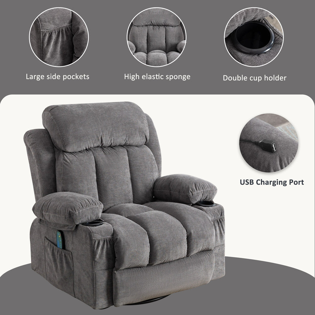 Fauteuil inclinable pivotant à 360° avec massage, chauffage, port USB et porte-gobelets