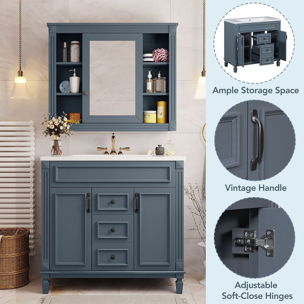 Meuble-lavabo moderne de 91 cm (36 po) avec vasque et armoire à miroir, 2 portes et 2 tiroirs
