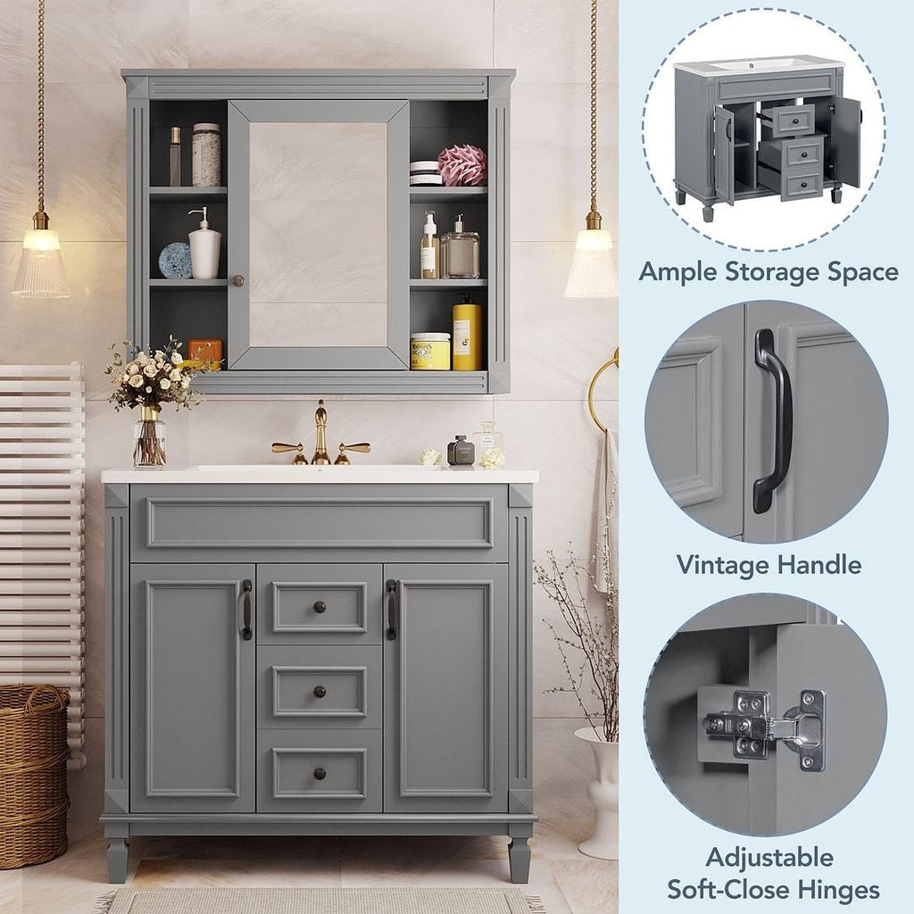 Meuble-lavabo moderne de 91 cm (36 po) avec vasque et armoire à miroir, 2 portes et 2 tiroirs