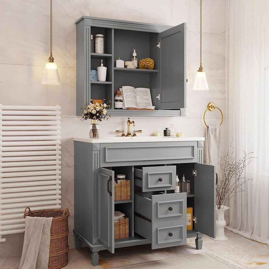 Meuble-lavabo moderne de 91 cm (36 po) avec vasque et armoire à miroir, 2 portes et 2 tiroirs
