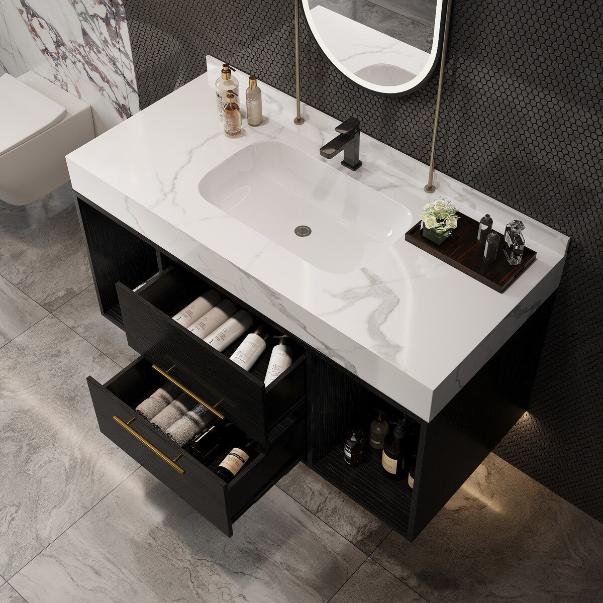 Meuble-lavabo suspendu de 100 cm (39,4 po) avec vasque en céramique, 2 tiroirs à fermeture amortie et plateau en ardoise blanche - 100 x 58 cm (39 x 18,9 po)