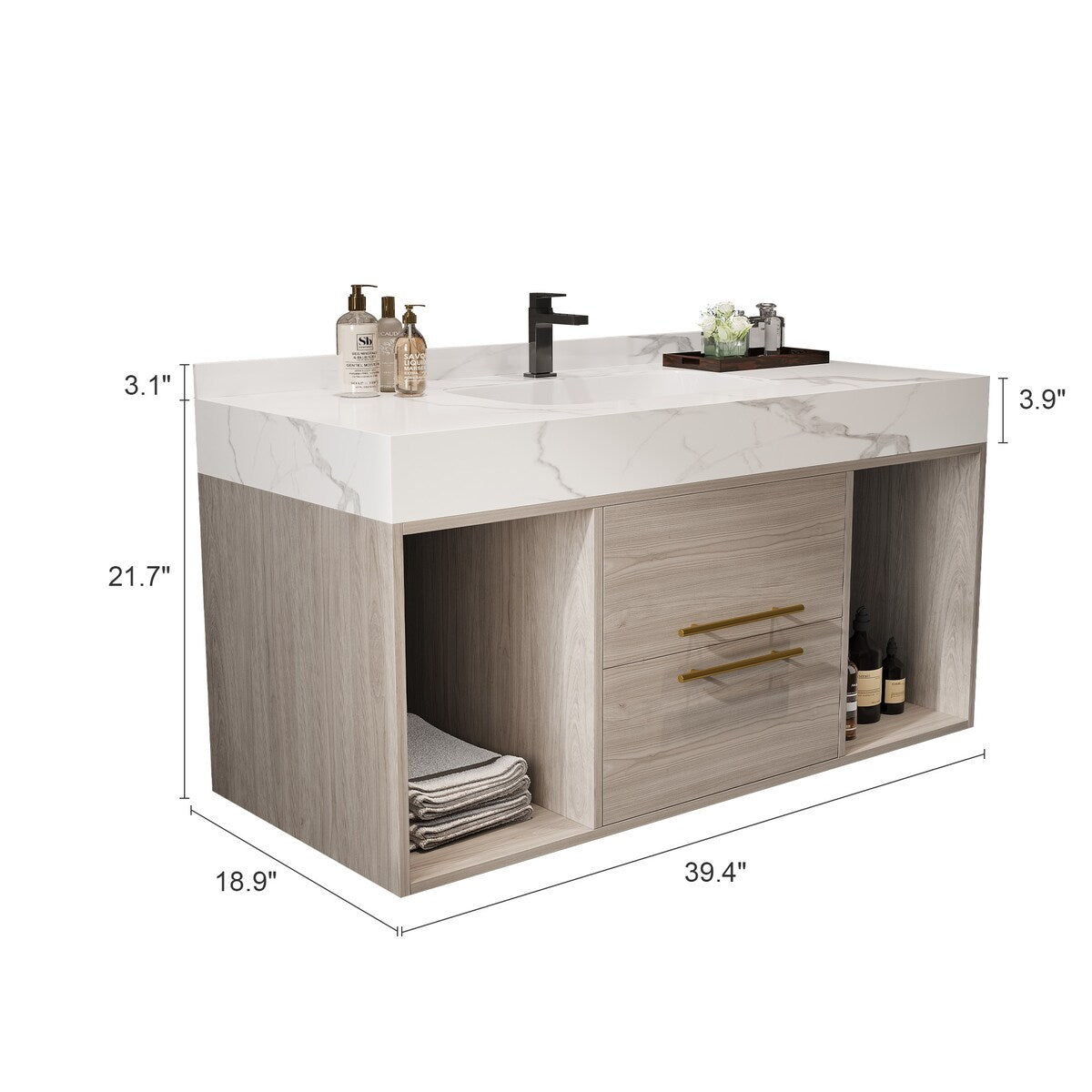Meuble-lavabo suspendu de 100 cm (39,4 po) avec vasque en céramique, 2 tiroirs à fermeture amortie et plateau en ardoise blanche - 100 x 58 cm (39 x 18,9 po)