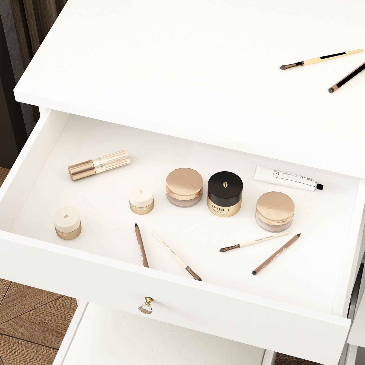 Ensemble coiffeuse de 100 cm de large avec tabouret et miroir.