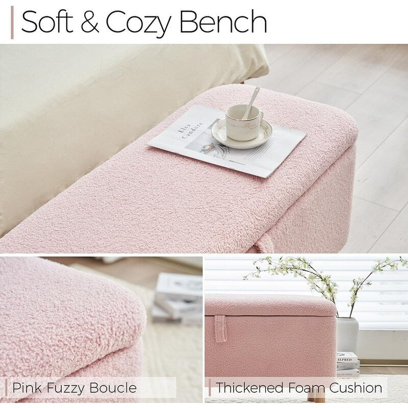 Pouf de rangement en boucle écrue (39,5 cm), en sherpa, avec pieds en bois, idéal pour le salon ou la chambre.