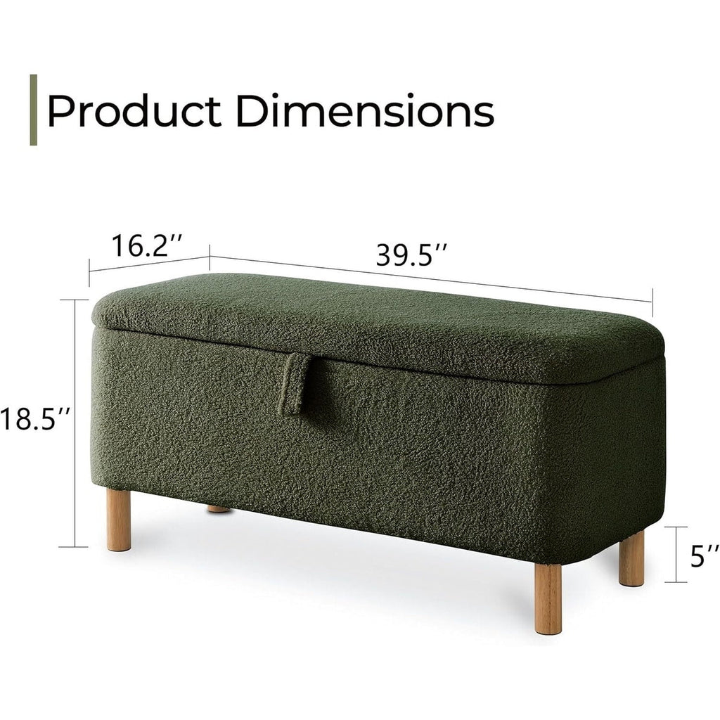 Pouf de rangement en boucle écrue (39,5 cm), en sherpa, avec pieds en bois, idéal pour le salon ou la chambre.