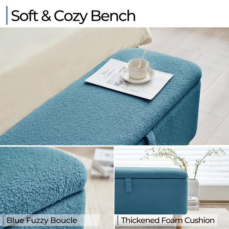 Pouf de rangement en boucle écrue (39,5 cm), en sherpa, avec pieds en bois, idéal pour le salon ou la chambre.