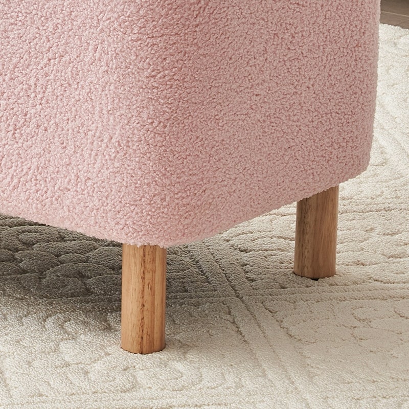 Pouf de rangement en boucle écrue (39,5 cm), en sherpa, avec pieds en bois, idéal pour le salon ou la chambre.