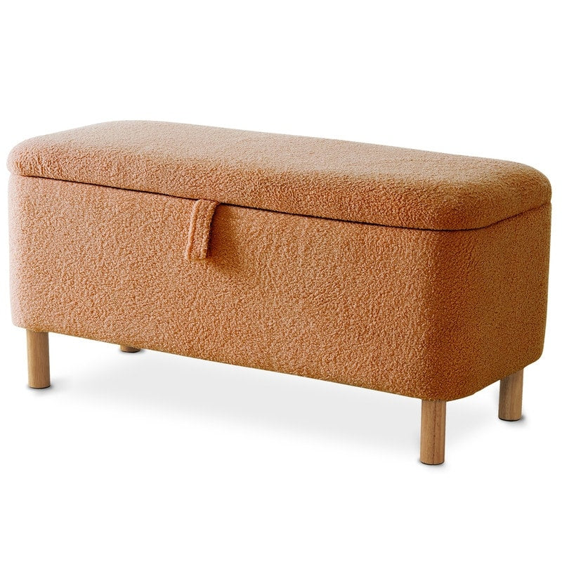Pouf de rangement en boucle écrue (39,5 cm), en sherpa, avec pieds en bois, idéal pour le salon ou la chambre.