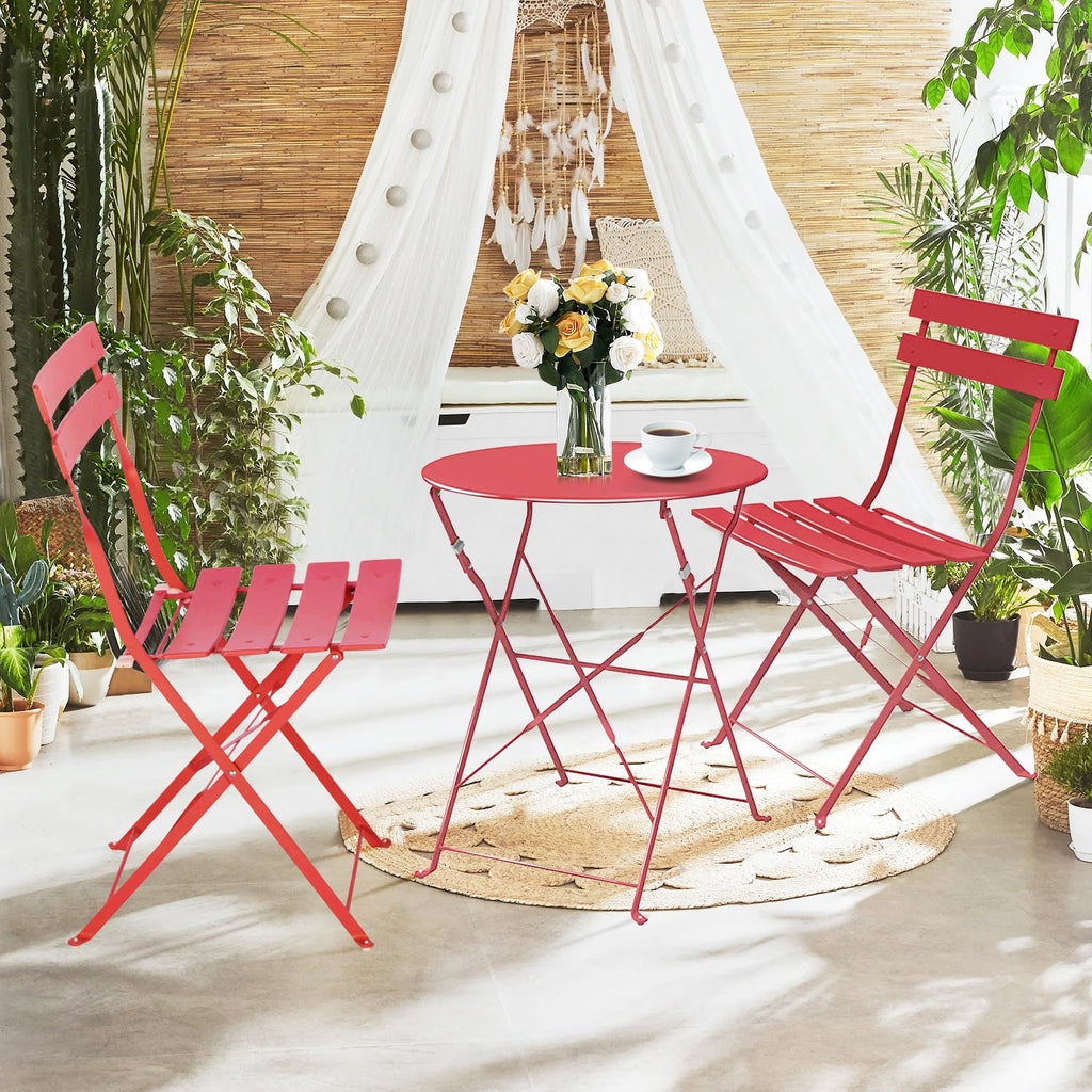 Ensemble bistro pliable en métal 3 pièces, résistant aux intempéries, idéal pour l'intérieur et l'extérieur, avec terrasse, jardin ou cour.