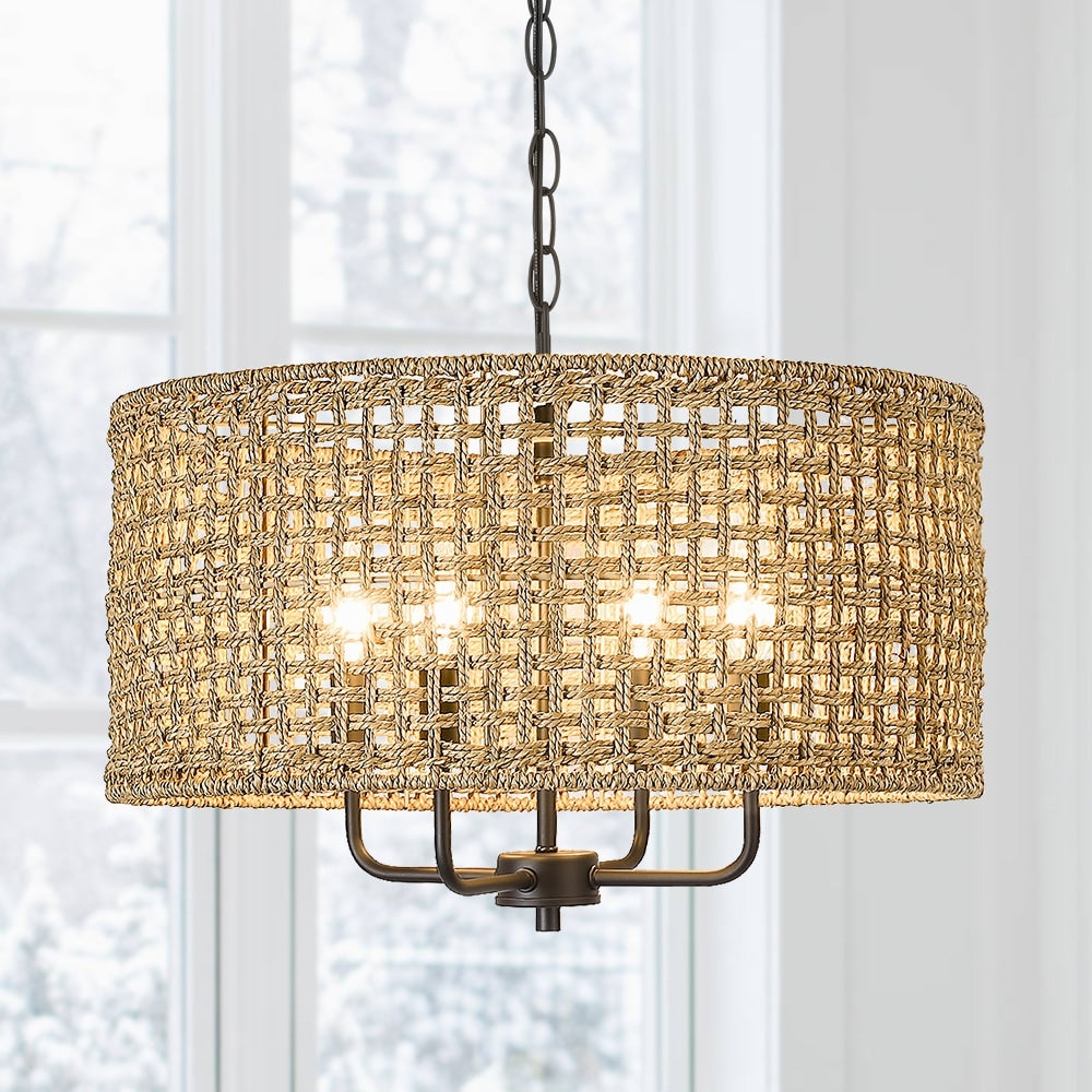 Lustre tambour bohème à 4 lumières, tissé à la main - Paille - 51 cm de diamètre