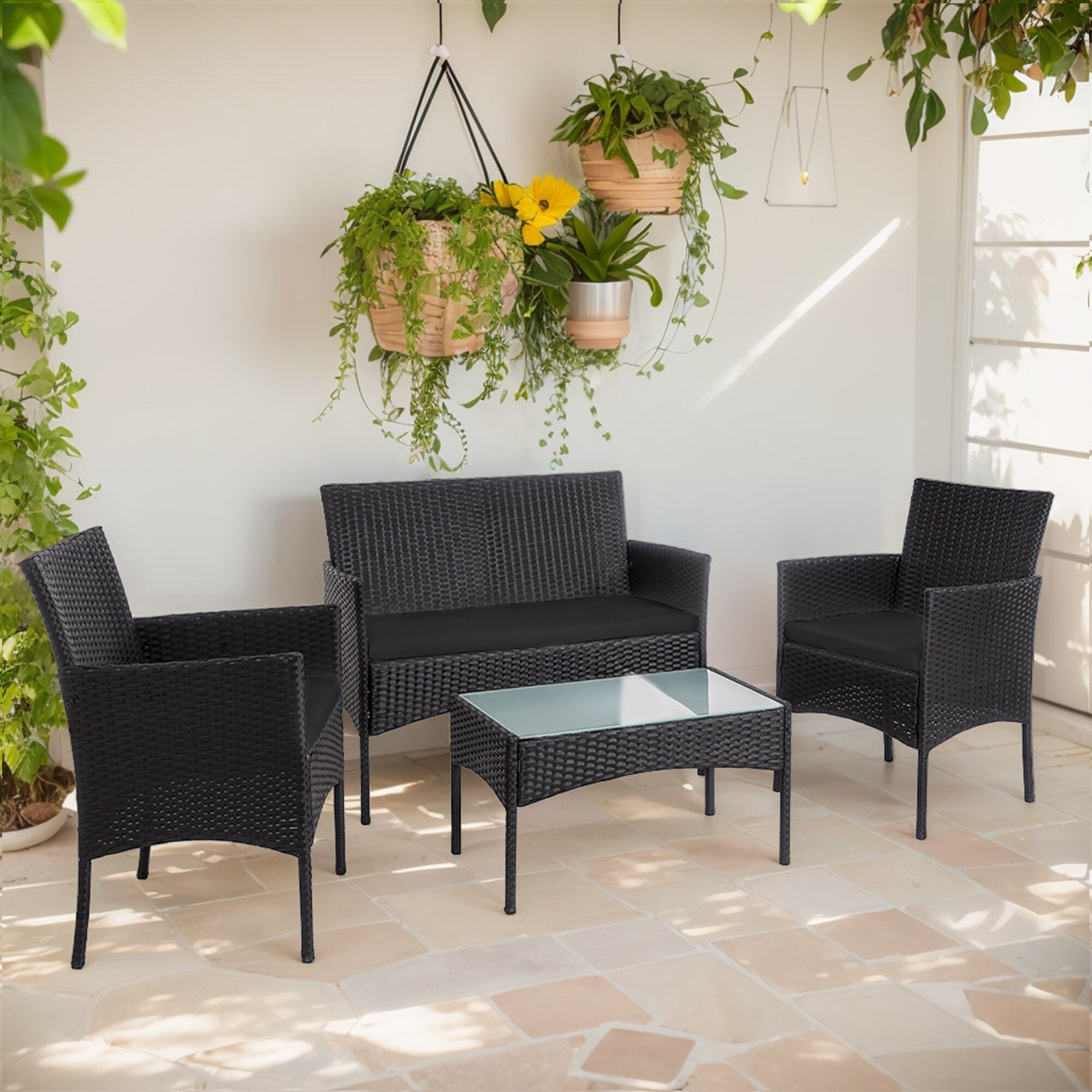 Ensemble de mobilier de jardin en résine tressée 4 pièces, canapé d'angle extérieur en rotin avec coussins
