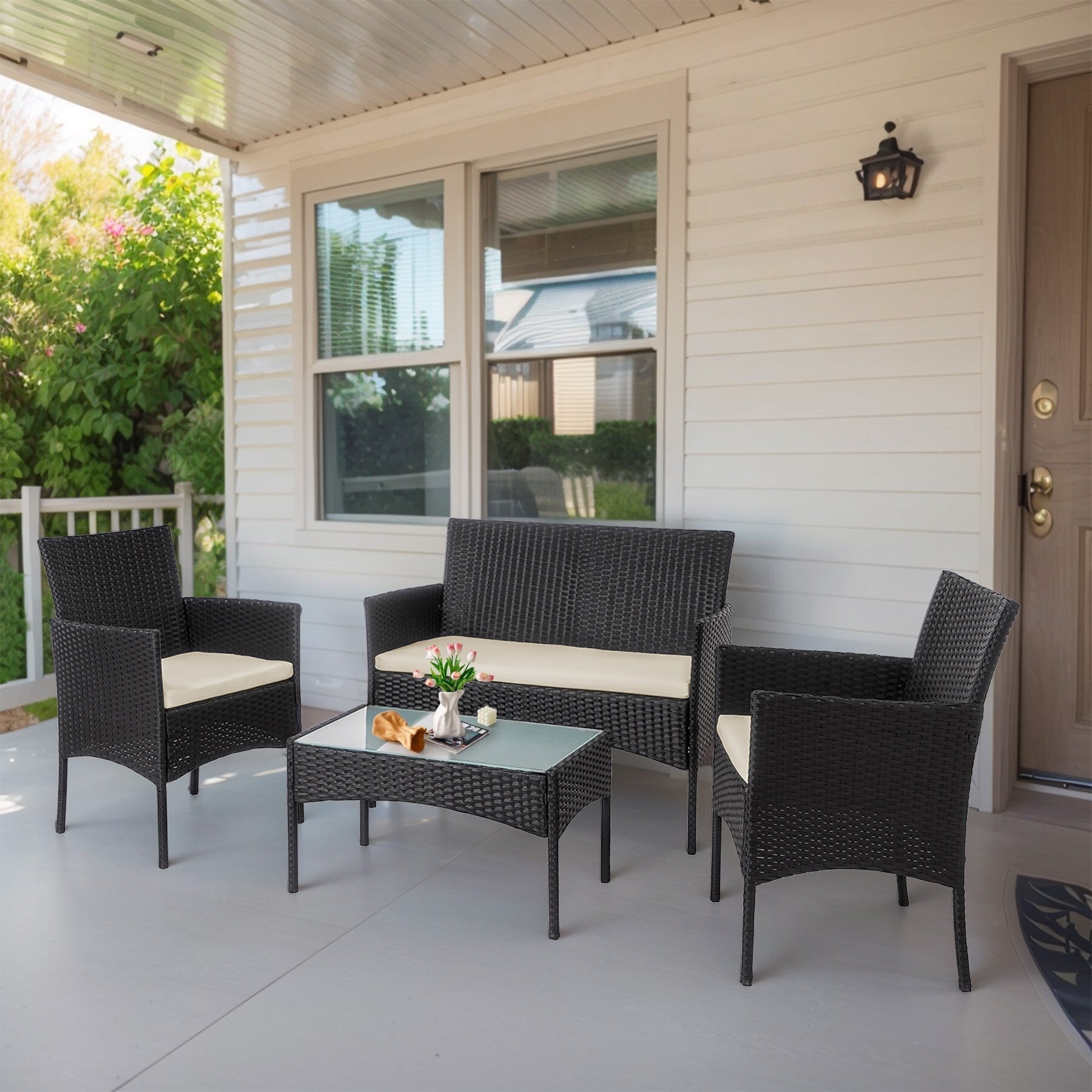 Ensemble de mobilier de jardin en résine tressée 4 pièces, canapé d'angle extérieur en rotin avec coussins